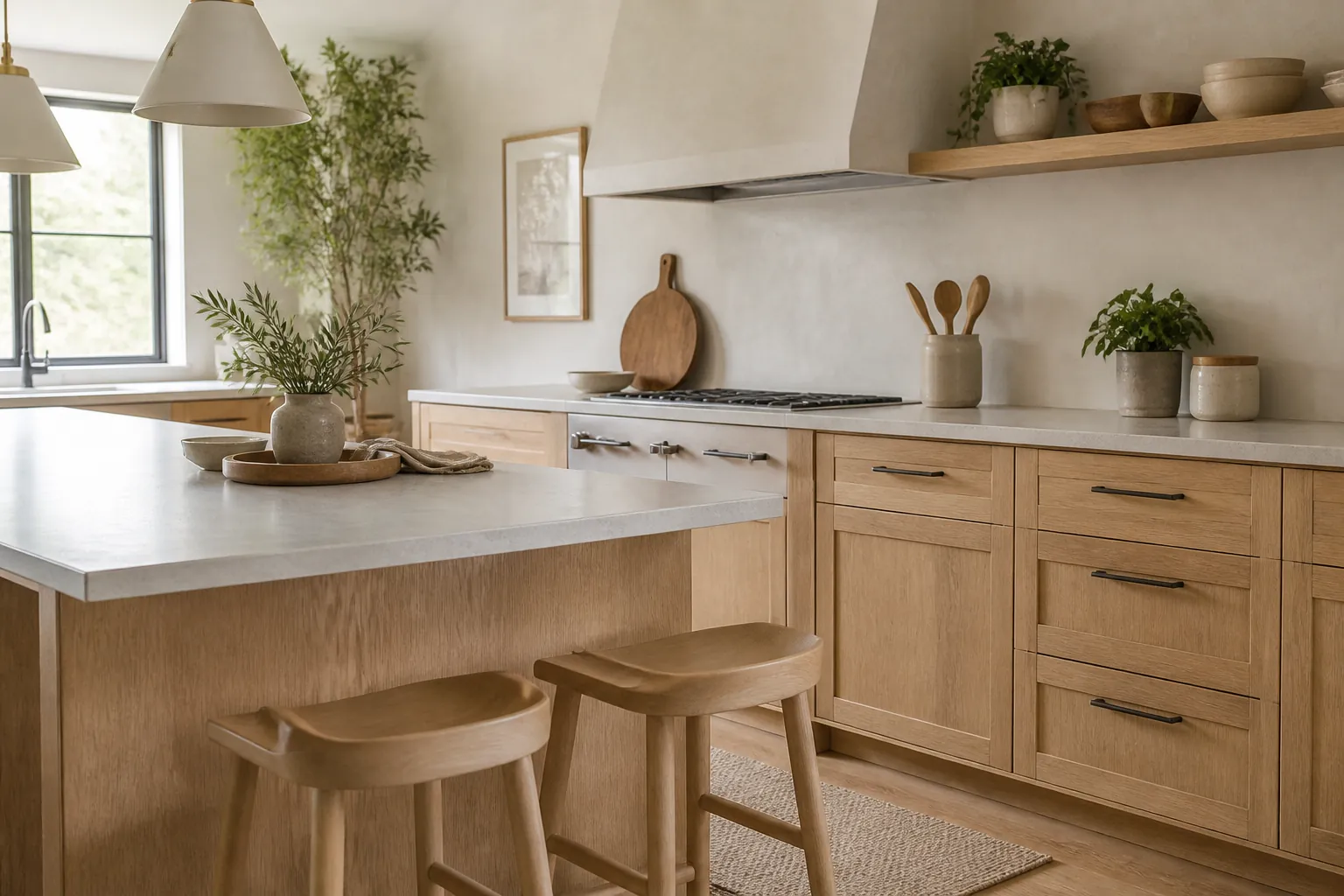 Soft modern kitchen with warm white oak cabinets, creamy walls, and natural wood accents