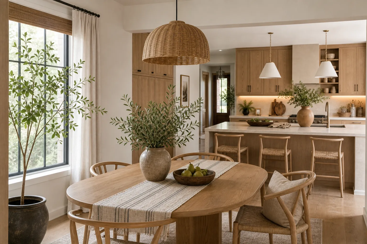 Warm kitchen dining corner with wood table, simple chairs, plants, and cozy decor
