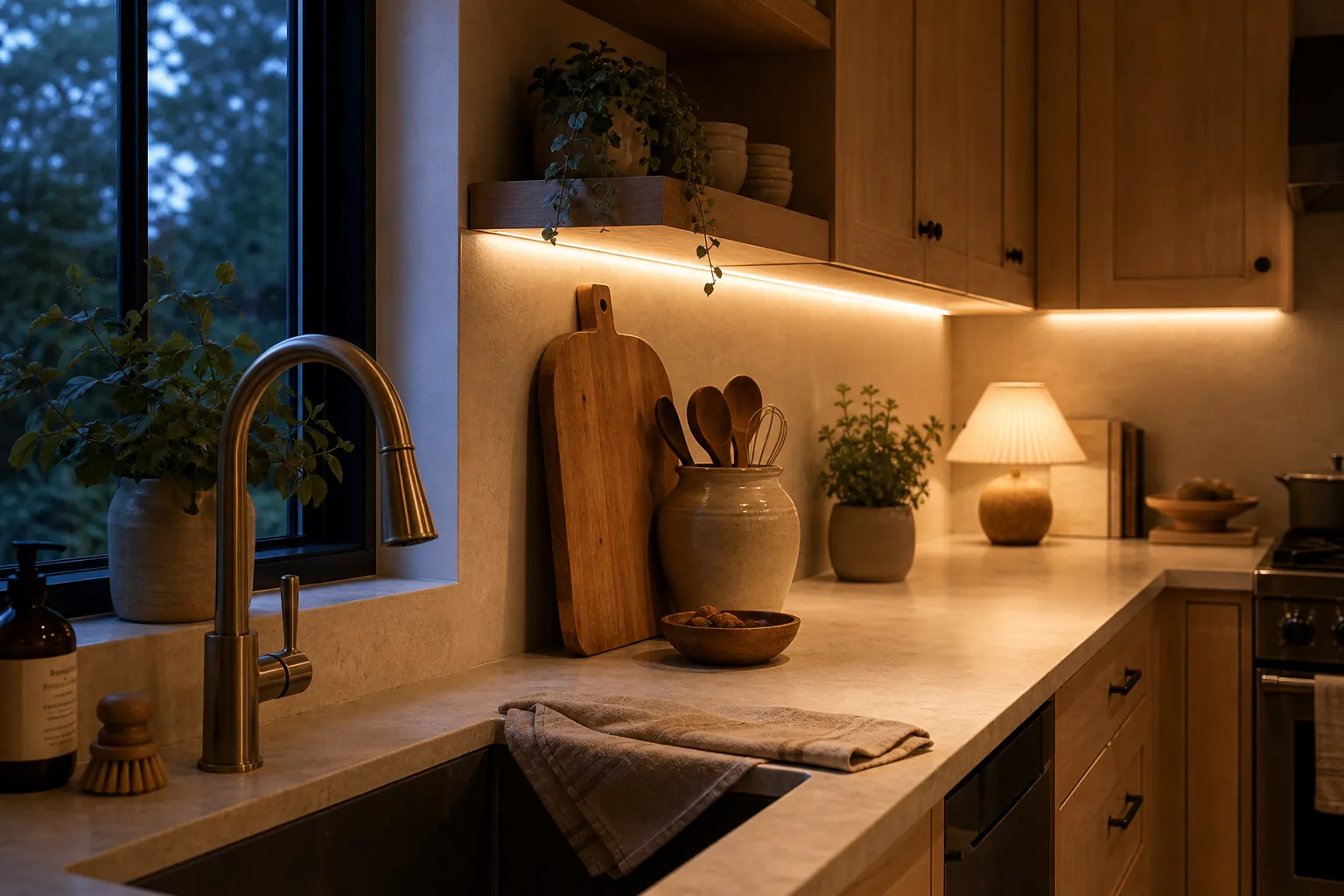 Cozy kitchen with under cabinet lighting, warm wood details, and soft evening light