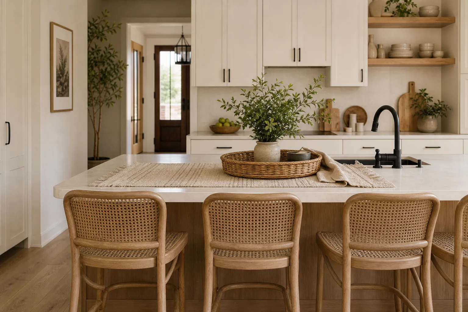 Kitchen island with woven stools, wood accents, creamy cabinets, and soft modern decor