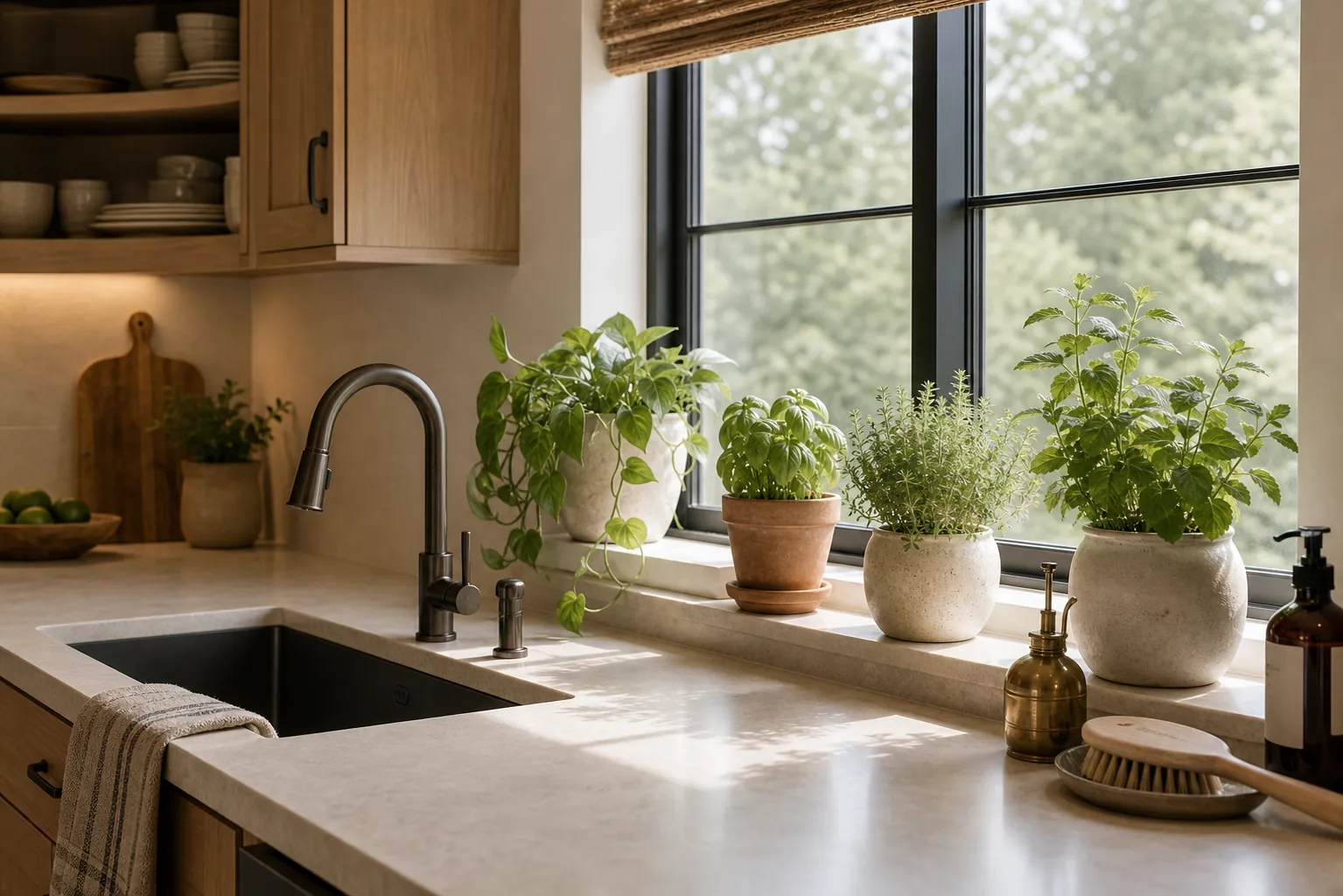 Kitchen window plants with herbs, small pots, and natural light beside the sink