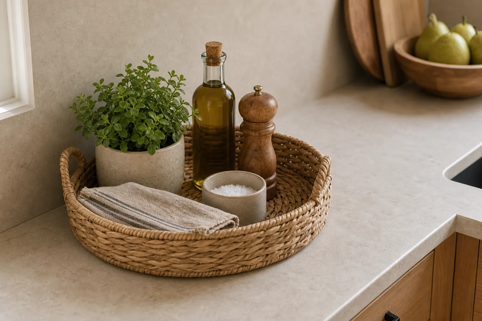 Kitchen counter styled with a woven basket, olive oil, linen towel, and small plant