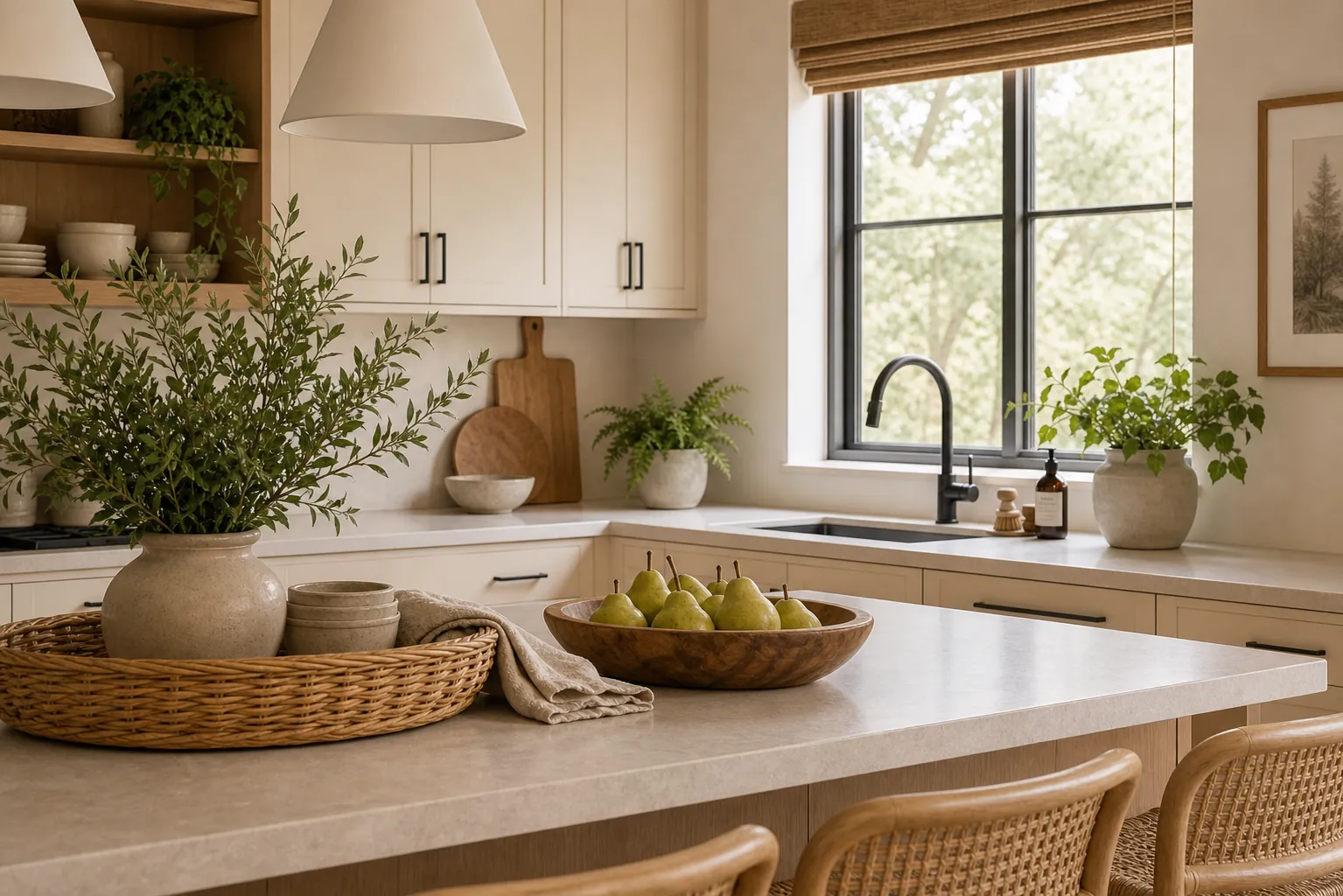 Kitchen styled with baskets, wood bowls, plants, and warm natural decor
