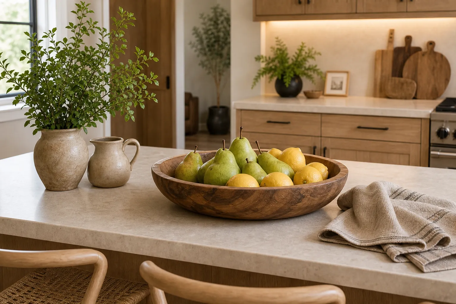 Wood bowl on a kitchen island filled with fruit and surrounded by calm natural decor