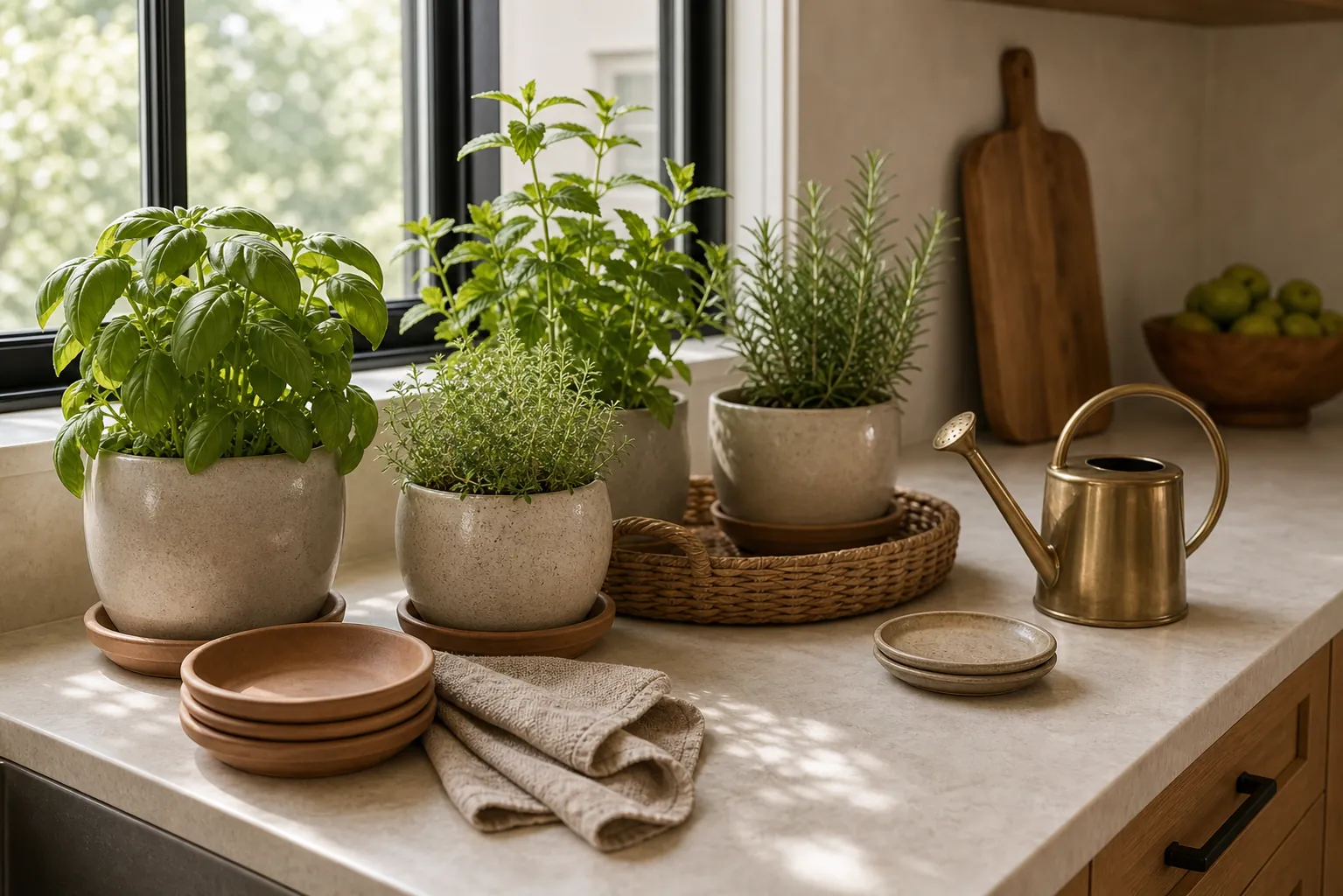 Small kitchen plant care zone with herbs, ceramic pots, and a tidy counter near the window