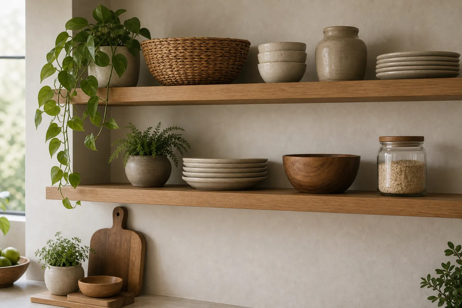 Open kitchen shelves styled with baskets, wood bowls, plants, and neutral ceramics