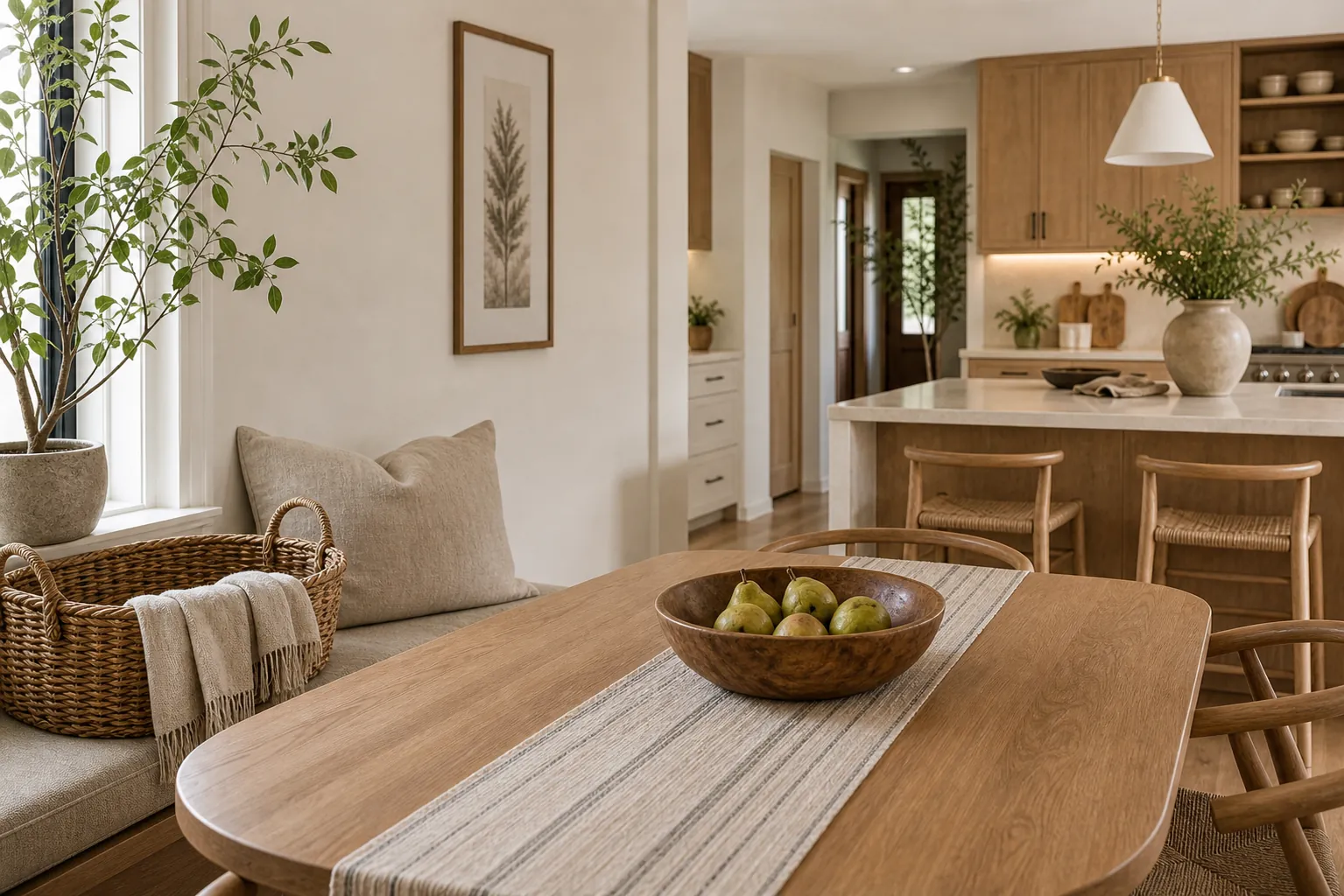Dining table near a kitchen styled with a wood bowl, woven basket, and leafy plant