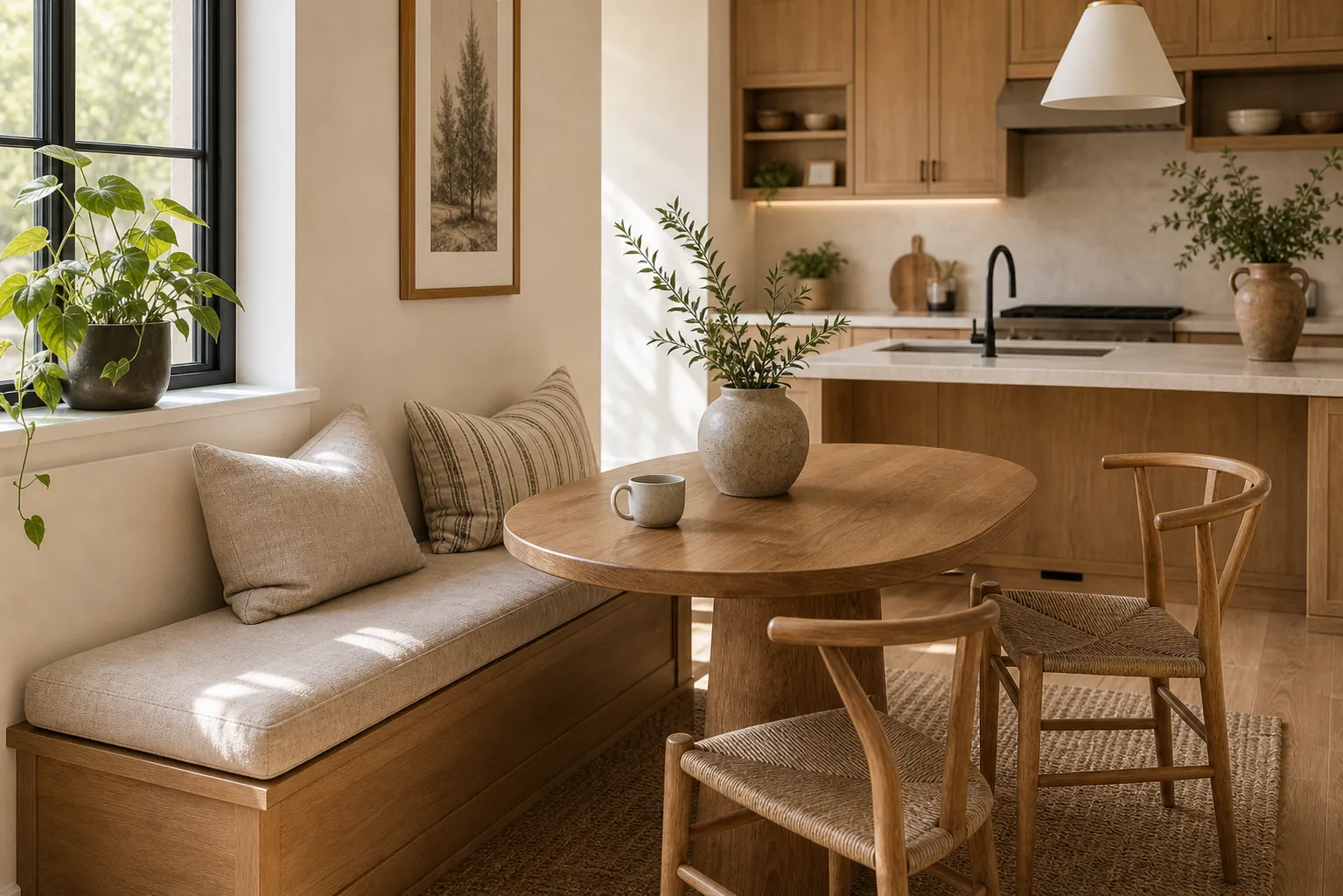 Breakfast nook with built-in bench, cushions, wood table, and warm kitchen decor