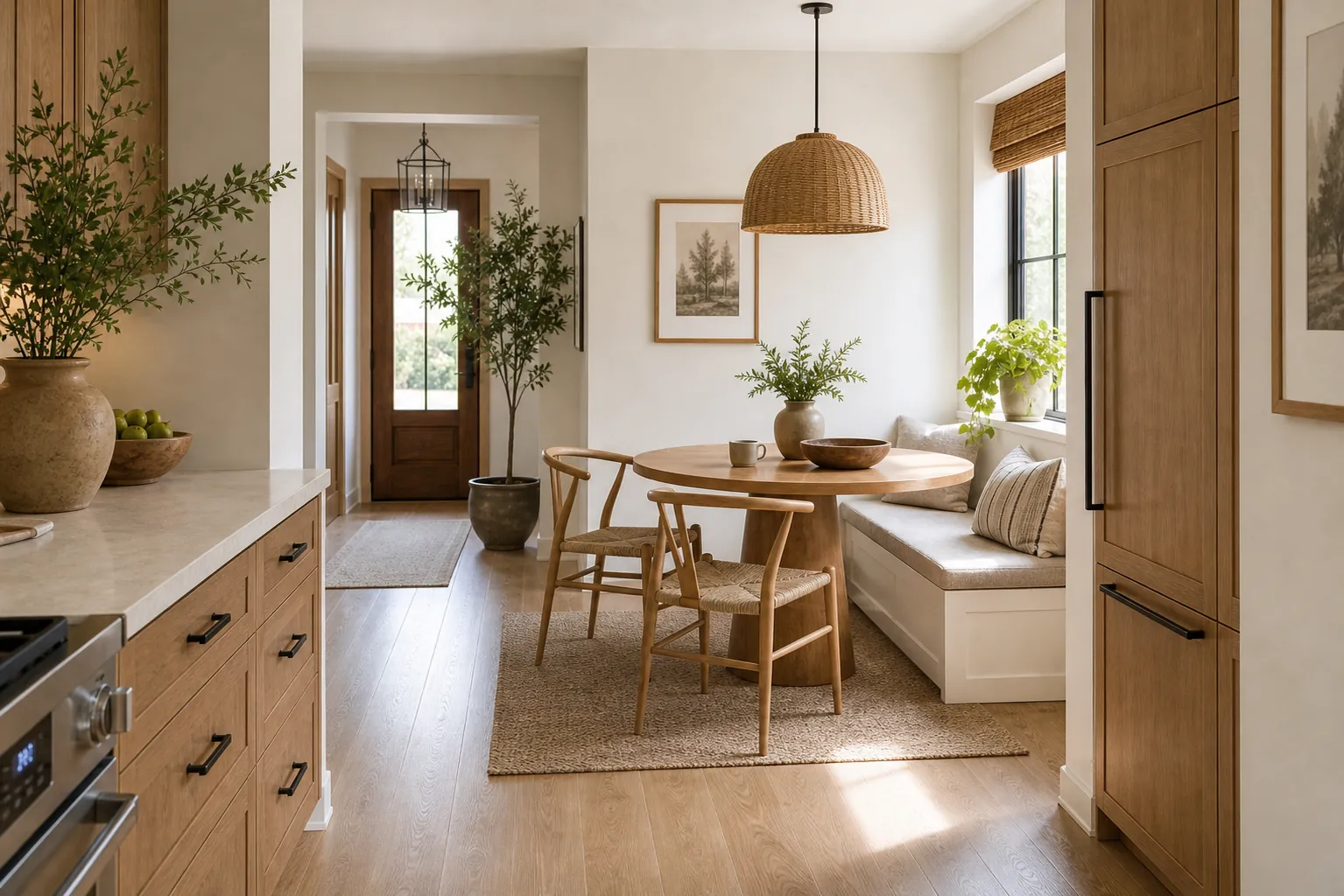 Small breakfast corner near a kitchen window with clear walking space and natural decor