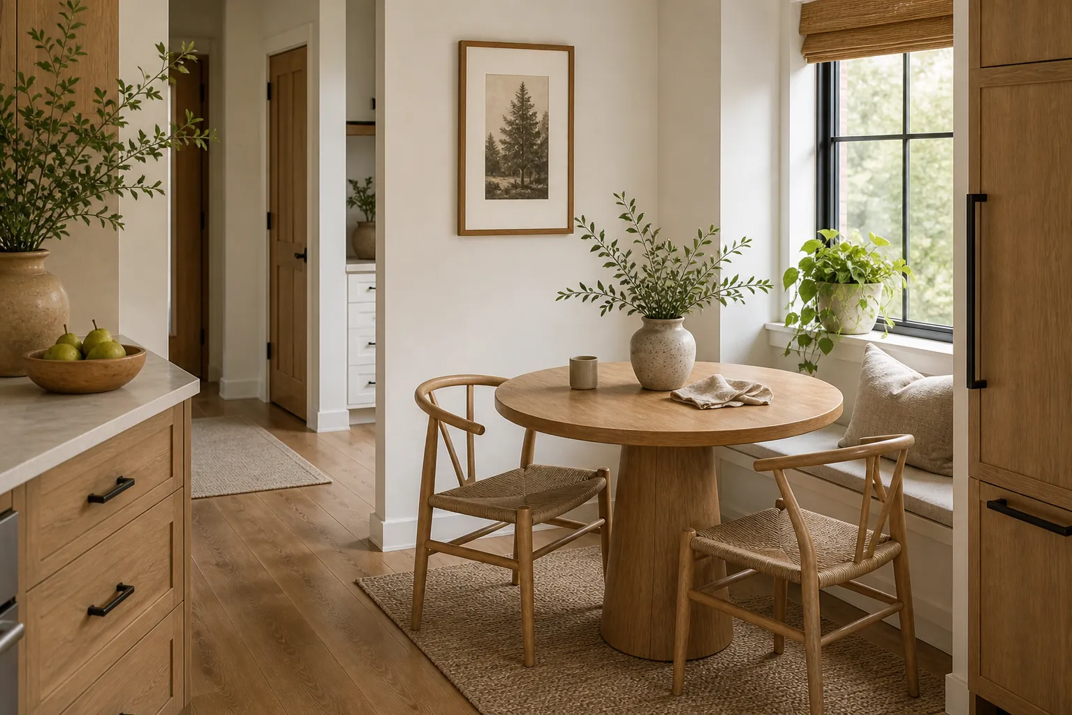 Cozy dining nook with round wood table, two chairs, plants, and soft morning light