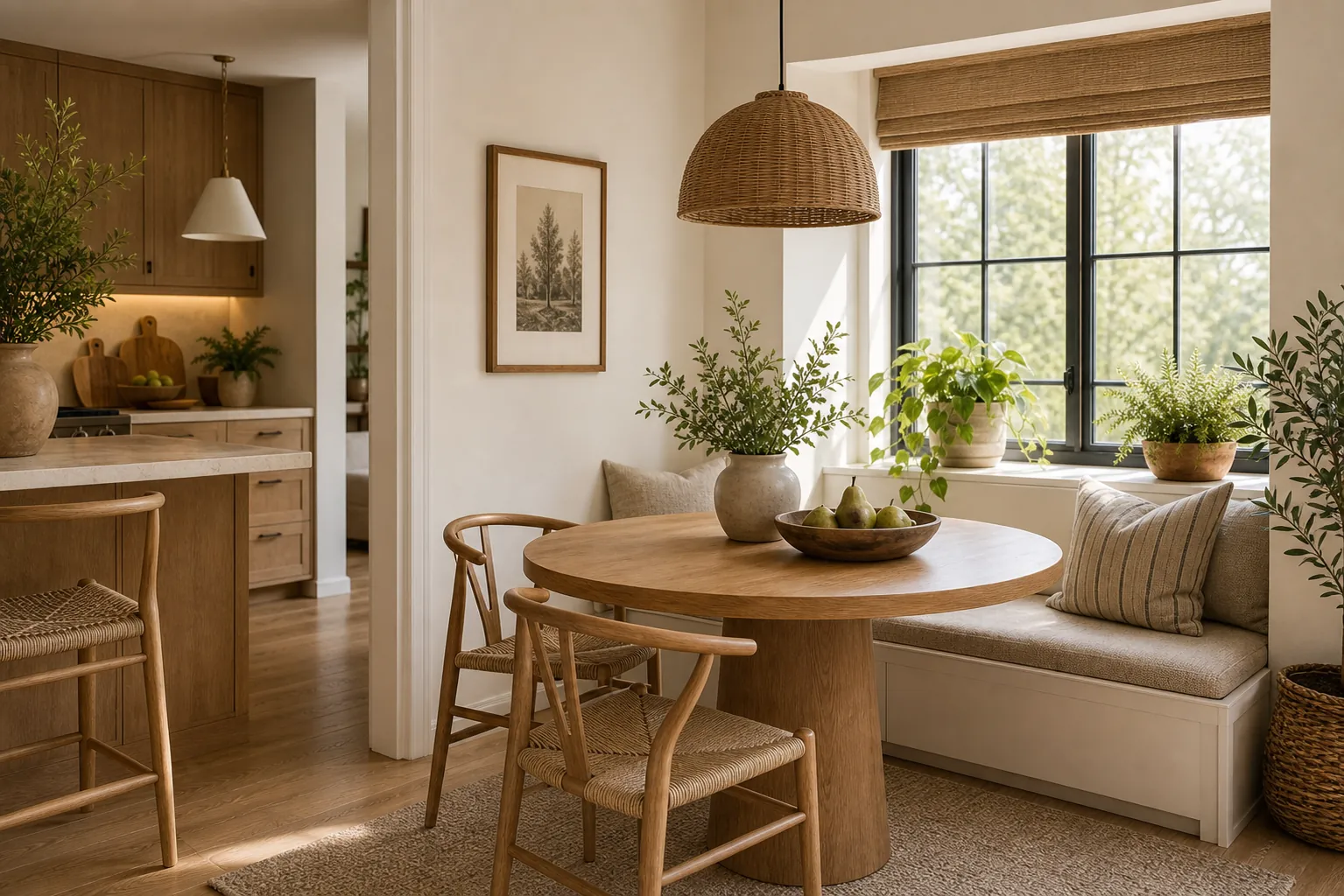 Cozy breakfast corner with wood table, bench seating, plants, and warm kitchen decor