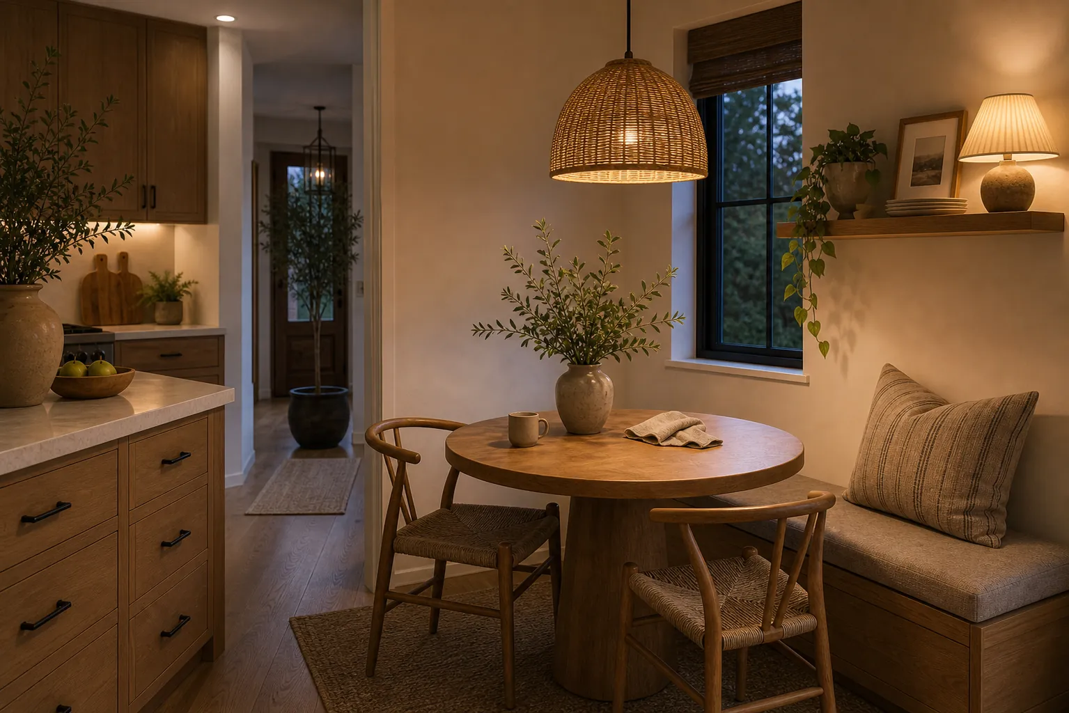 Cozy breakfast corner with pendant light, warm table lamp glow, and soft dining decor