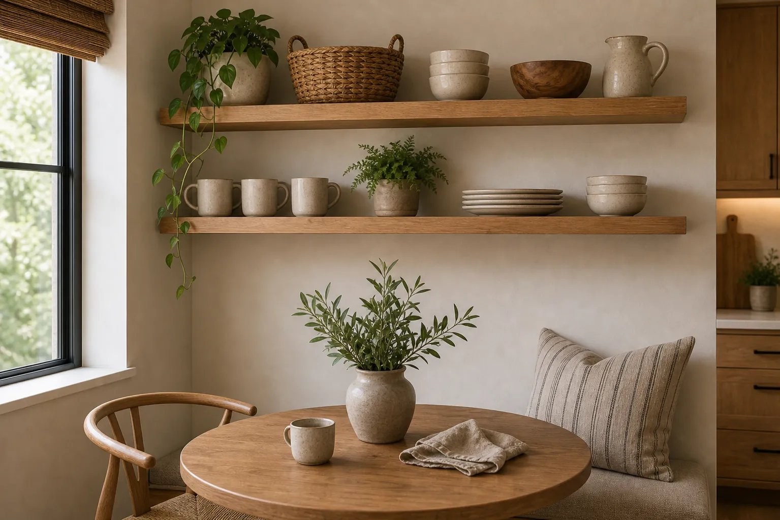 Breakfast corner with open shelving, mugs, wood bowls, plants, and calm kitchen styling