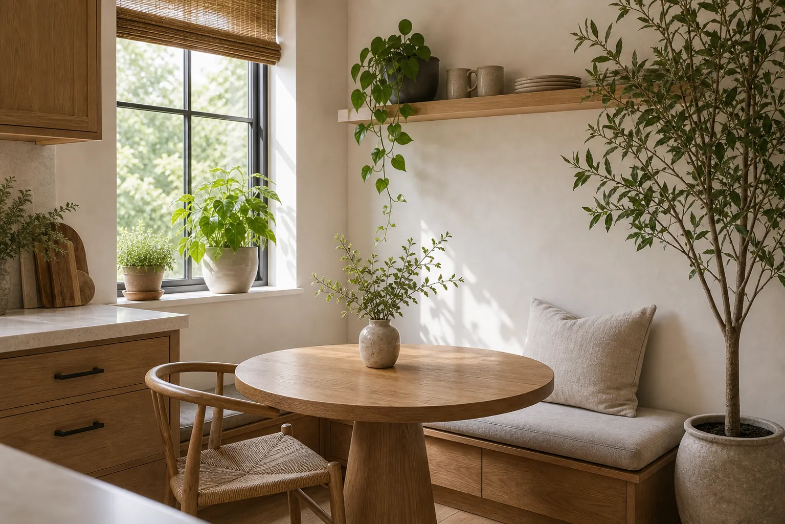 Breakfast nook with kitchen plants near a sunny window and natural dining decor