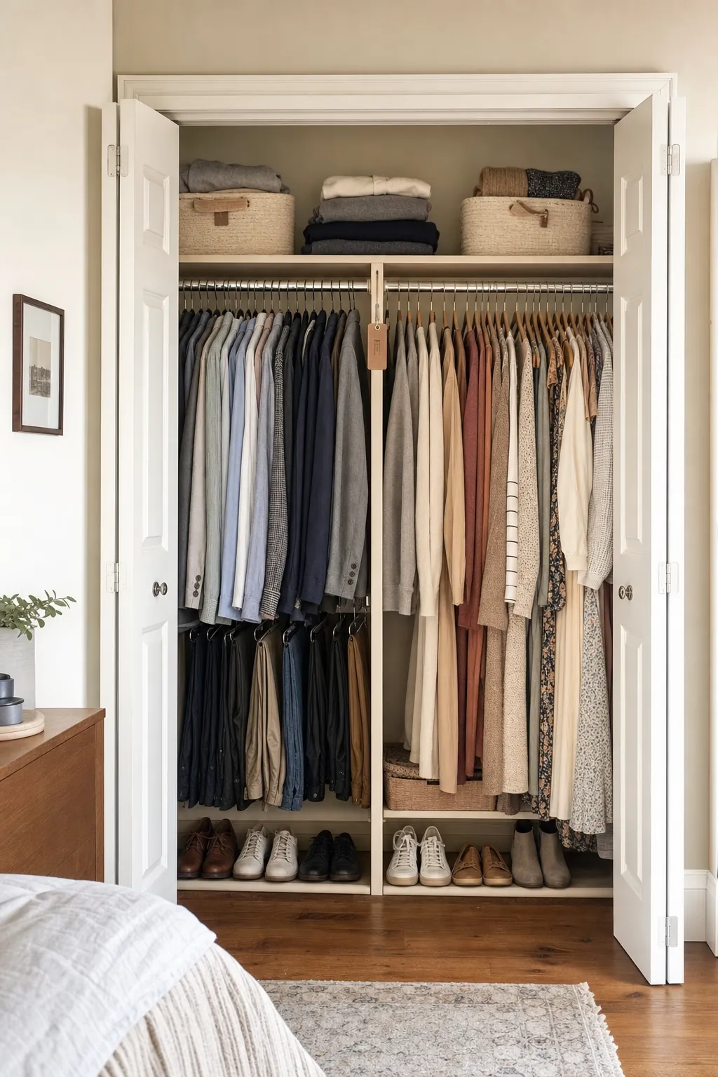 Small shared closet divided into clear daily clothing zones
