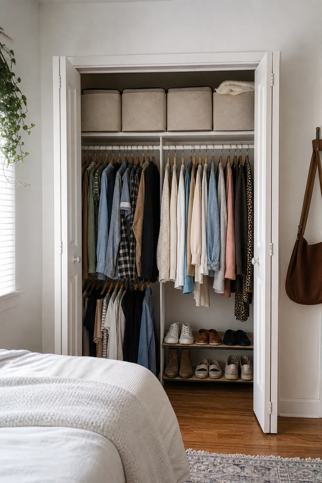 Small shared closet organized with fair zones and calm bedroom storage