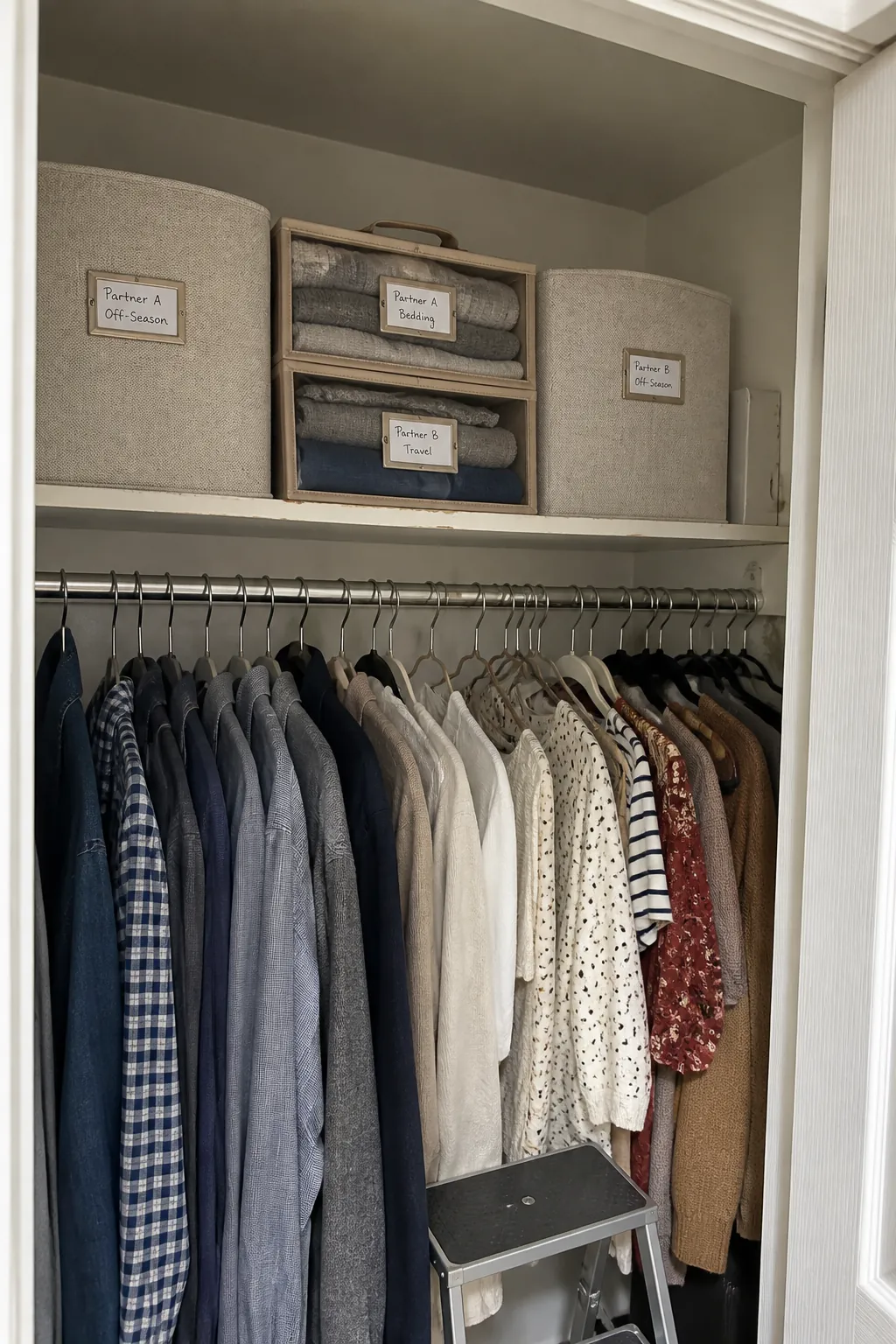 Labeled top shelf bins for shared small closet organization