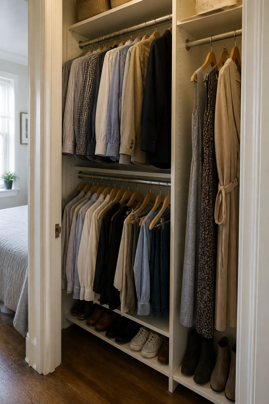 Double hanging rods in a small shared closet with a short long-hang section