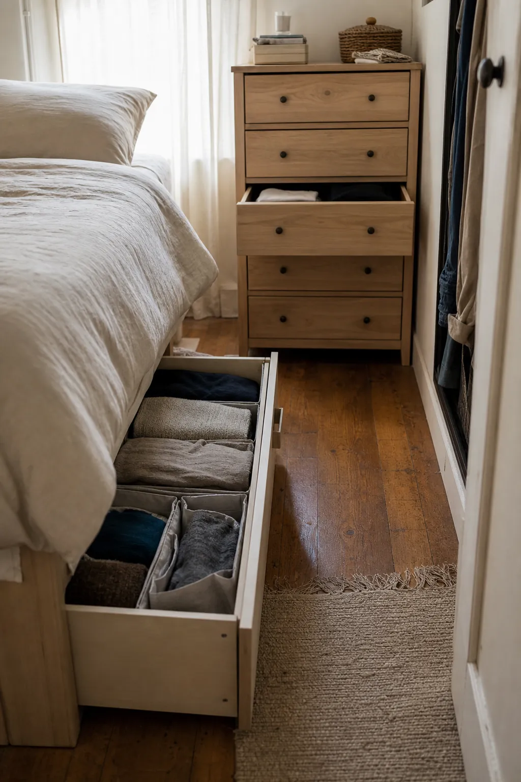 Small bedroom clothes storage with under bed bins and a dresser outside the closet