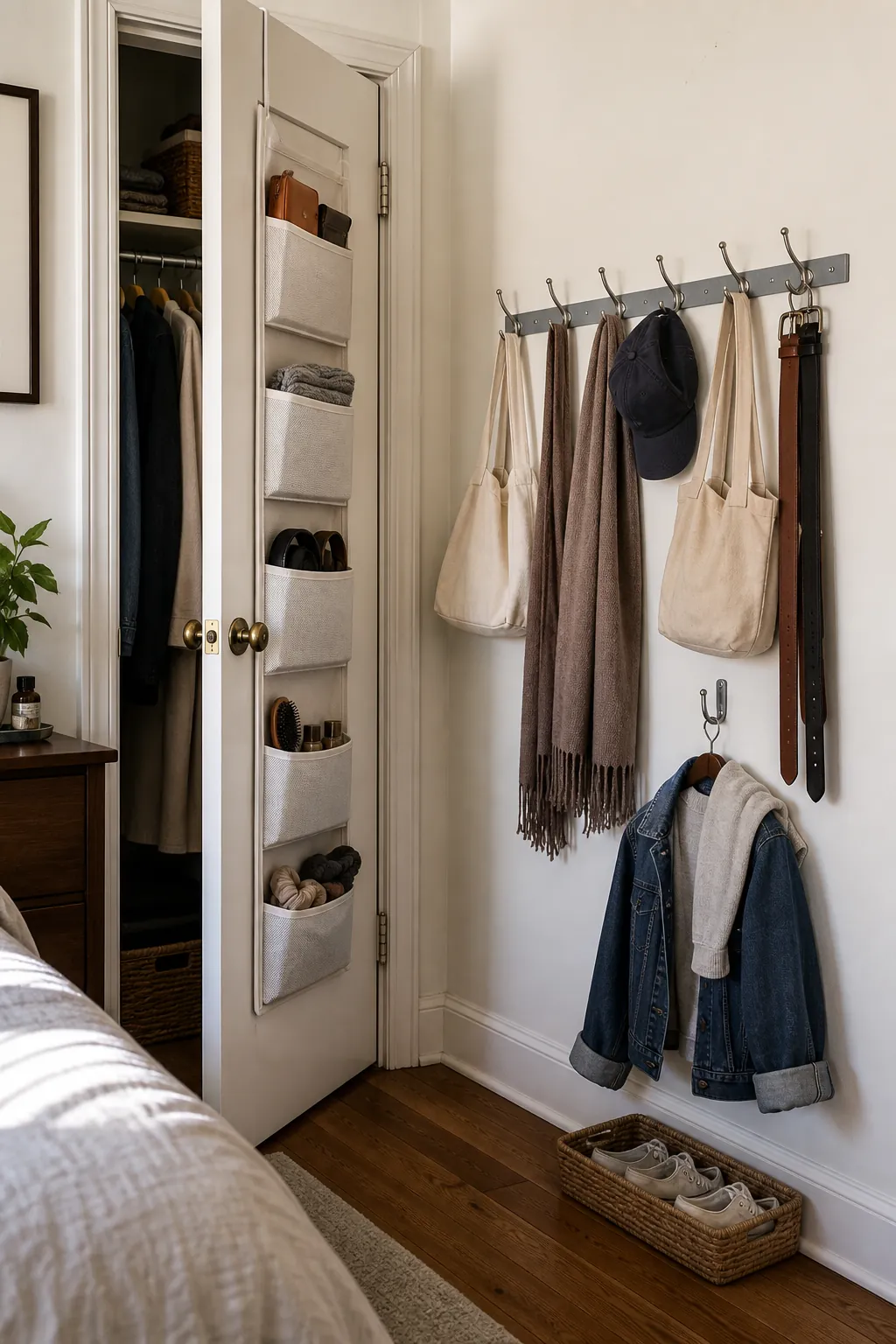 Slim hooks and door storage for accessories beside a small shared closet