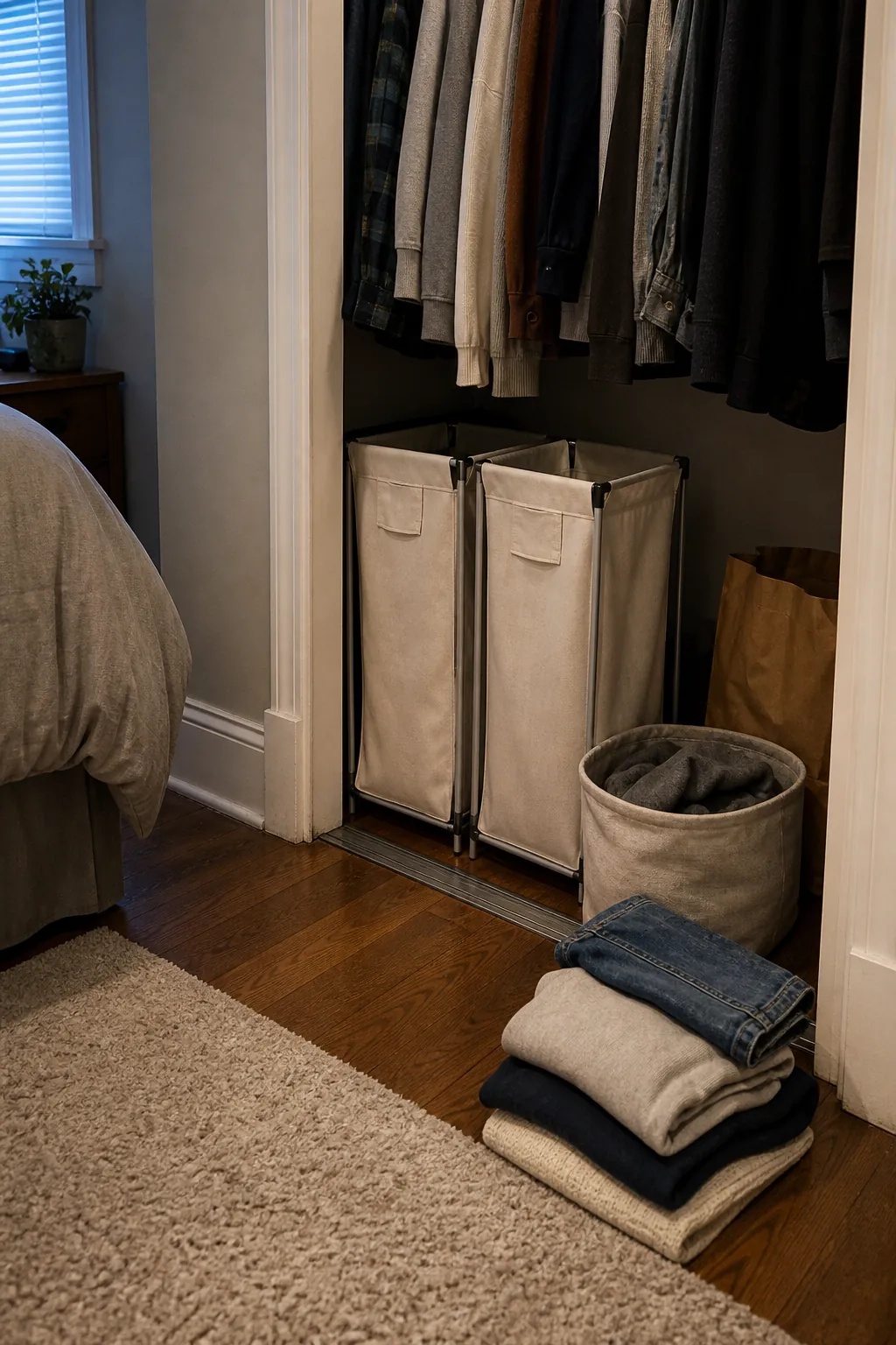 Shared closet laundry reset area with slim hampers and donation basket