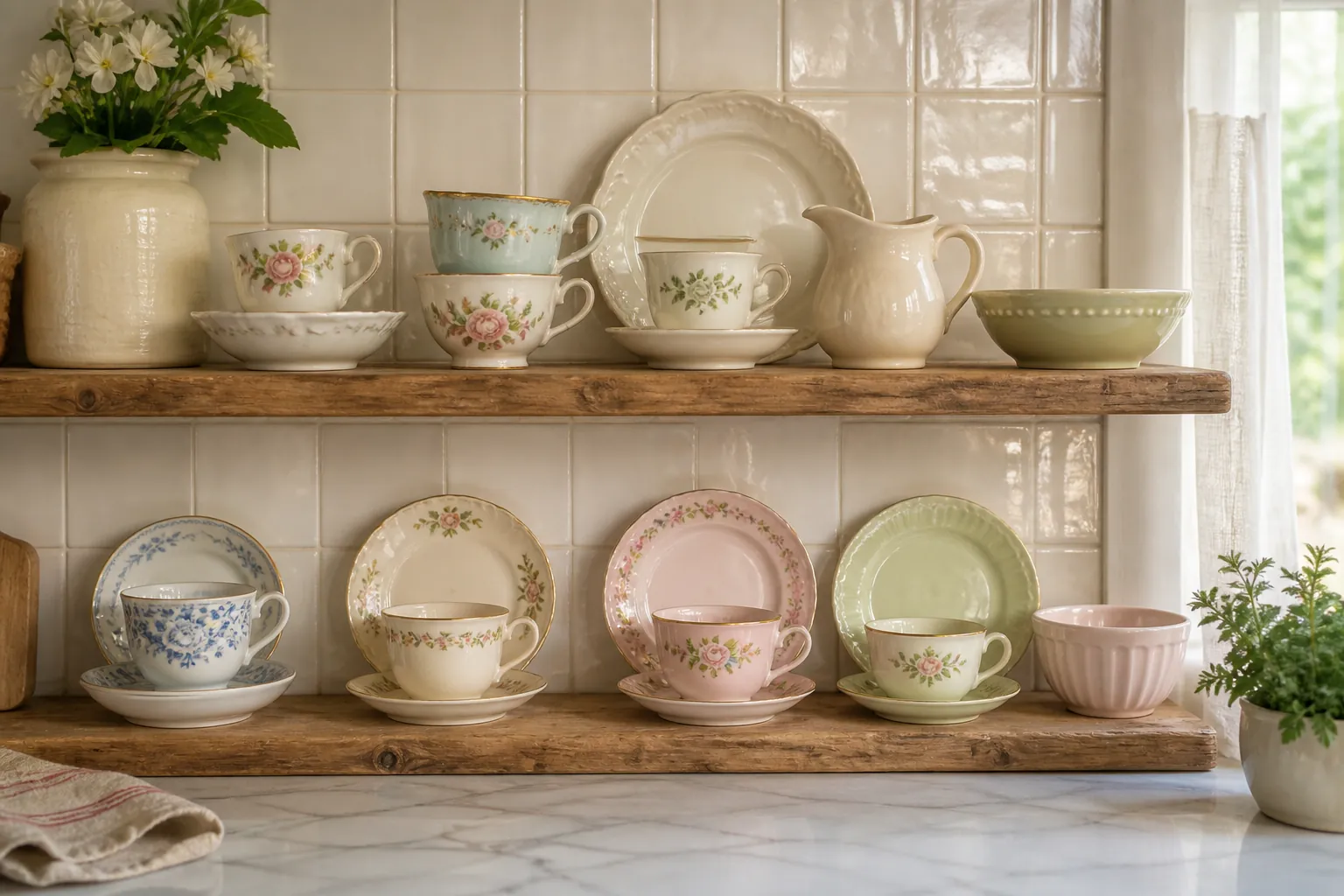 Collected vintage teacups grouped by a soft color story on an open kitchen shelf