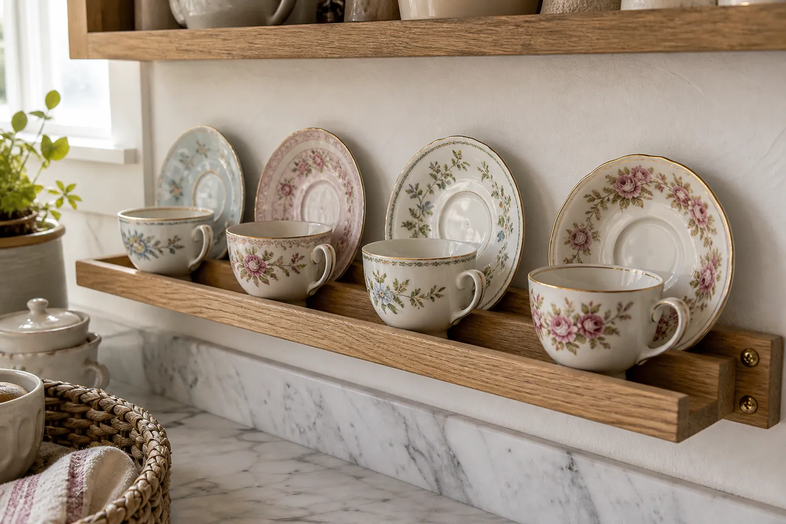 Vintage teacups arranged on a narrow kitchen shelf with saucers standing in a plate groove behind each cup