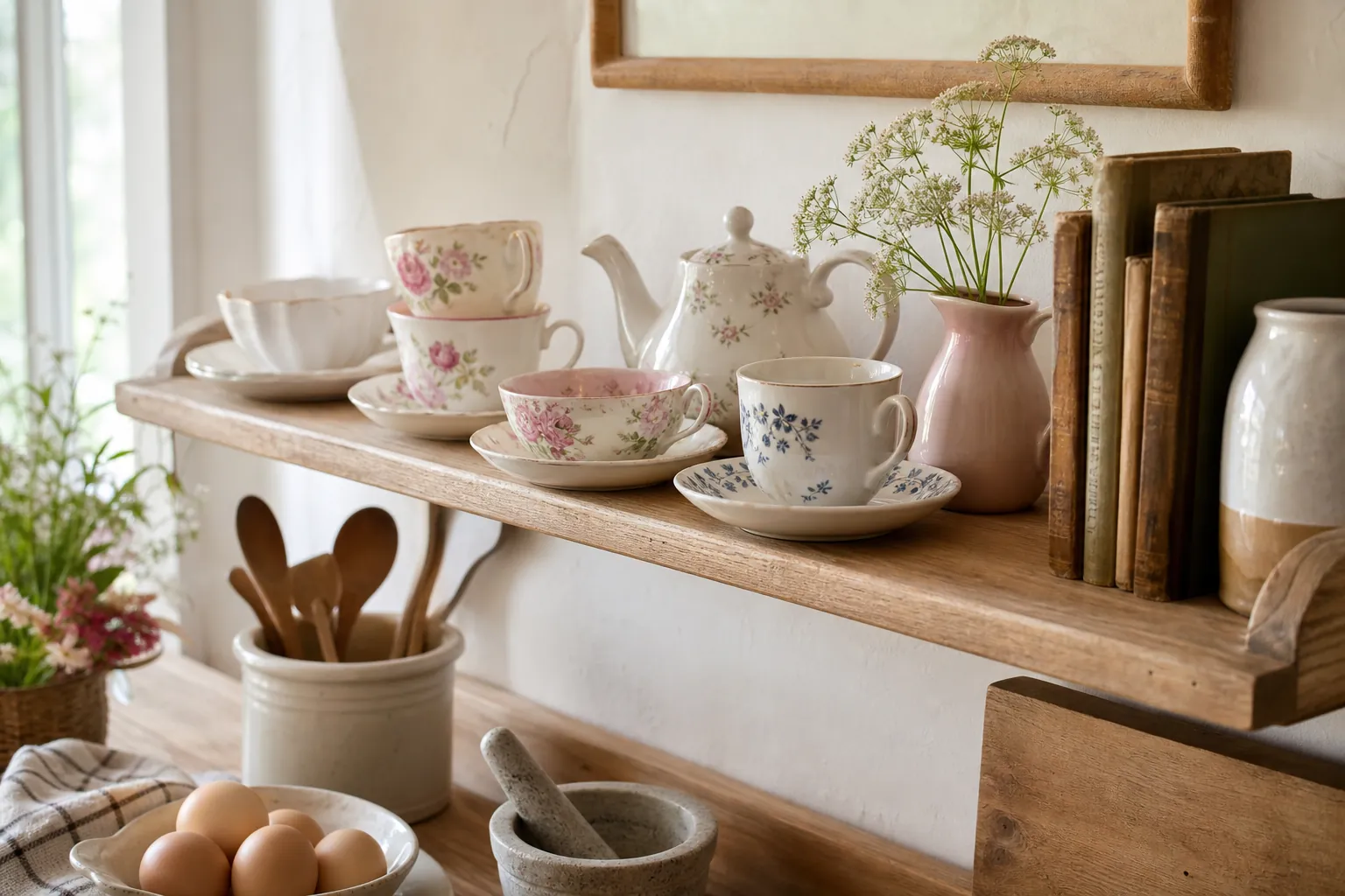 Pretty kitchen shelf styled with vintage teacups, saucers, soft cottage decor, and warm natural light