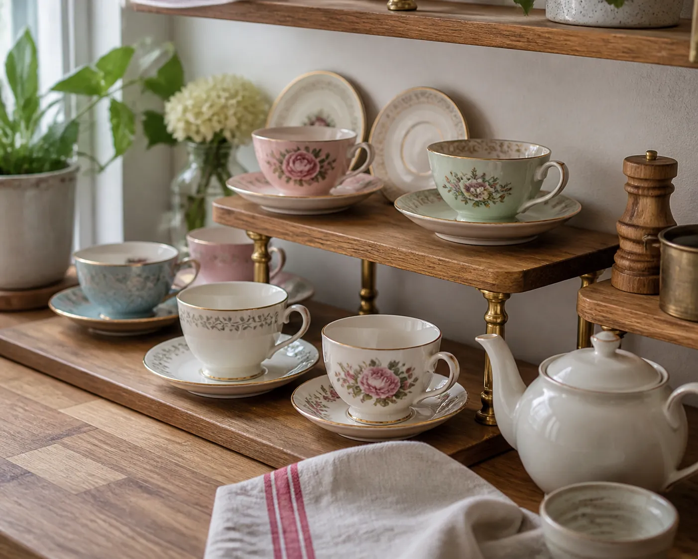 Shelf risers creating height for a pretty vintage teacup display in a kitchen