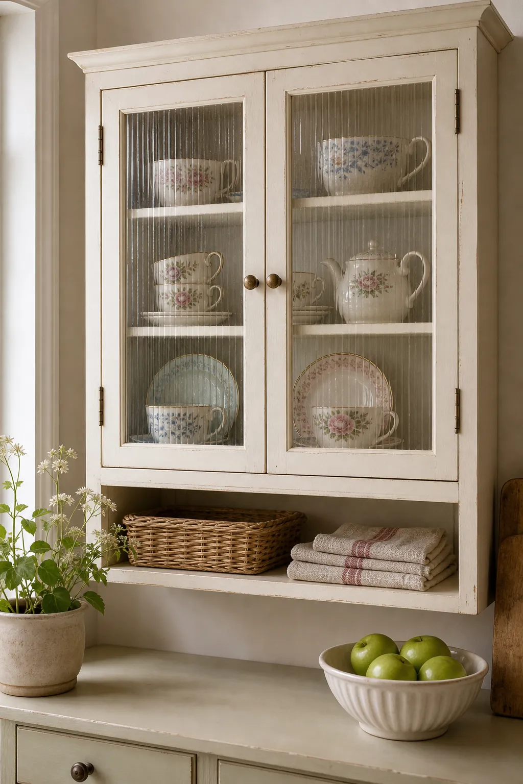 Vintage teacups displayed behind reeded glass in a small kitchen cabinet