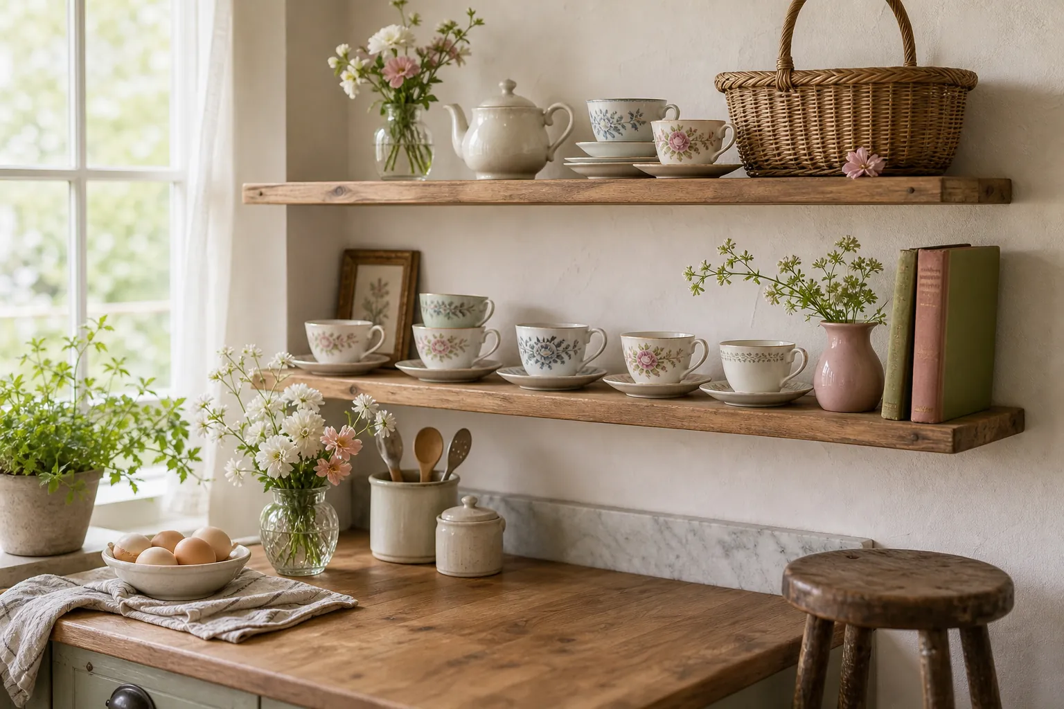 Seasonal collected kitchen shelf with vintage teacups, flowers, cookbooks, and pretty decor