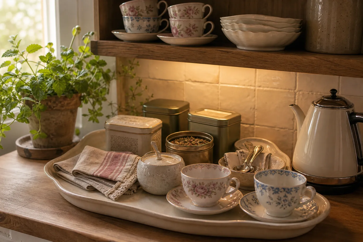 Tea station tray with vintage teacups, canisters, and cottage kitchen shelf decor