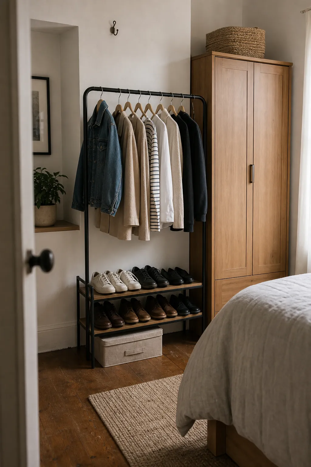 Small bedroom daily wardrobe zone with a neat clothing rack and closed storage