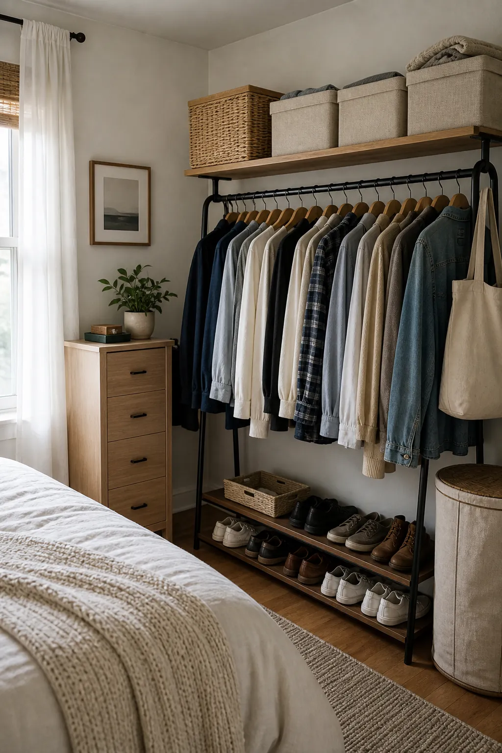 Small bedroom organized without a big closet using wardrobe alternatives