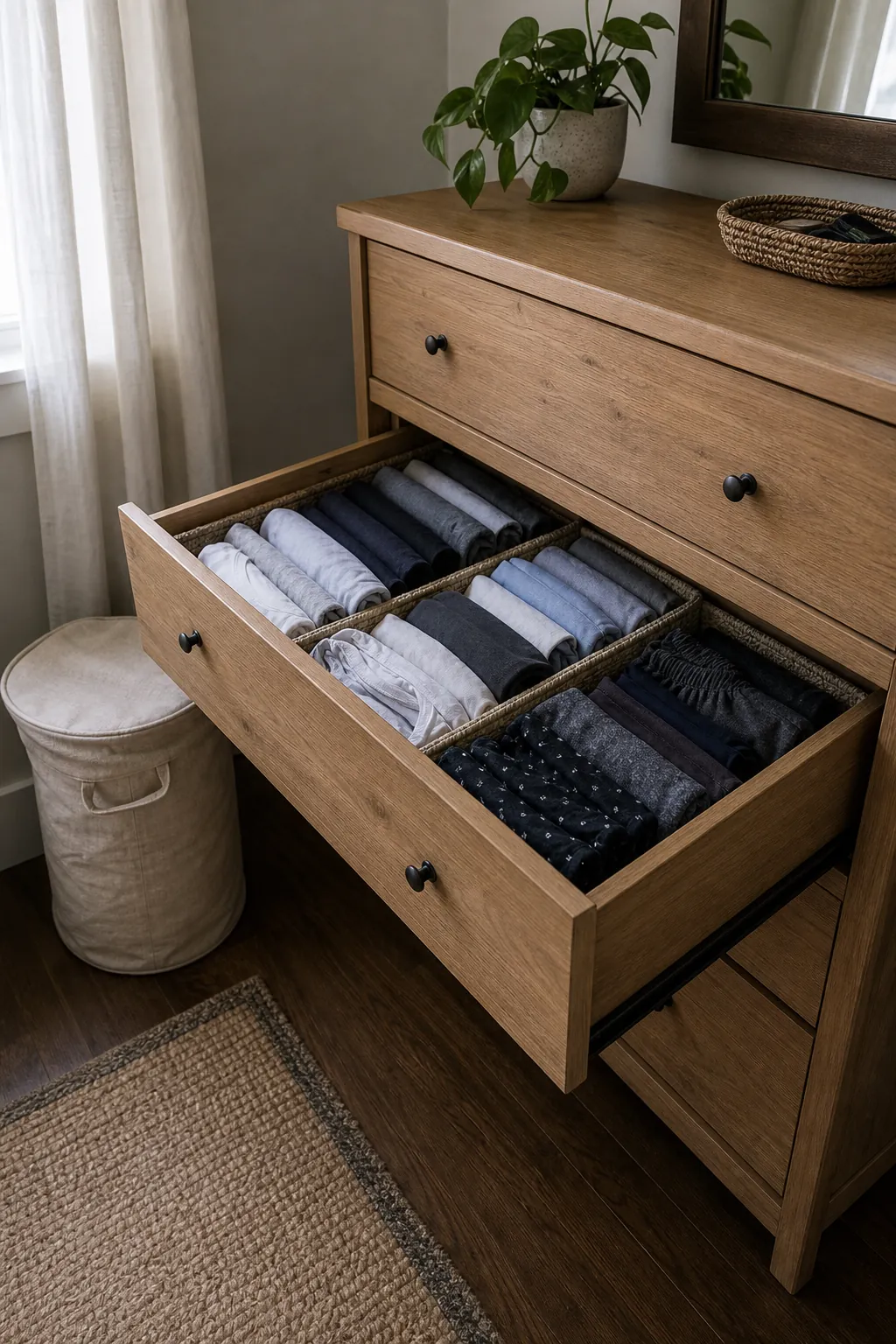 Closed dresser storage for folded clothes in a small bedroom without a big closet