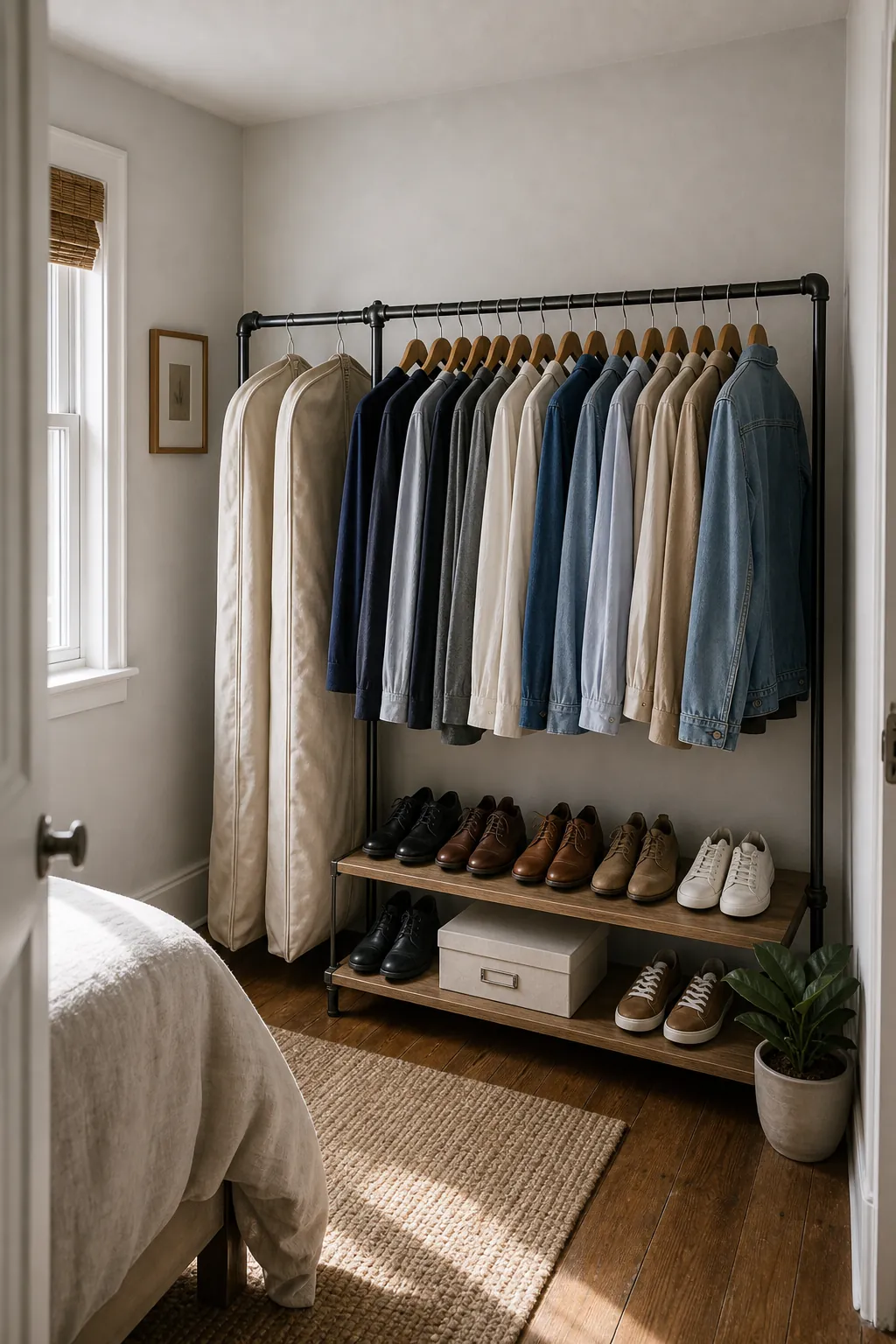 Intentional open wardrobe setup for clothing organization in a small bedroom