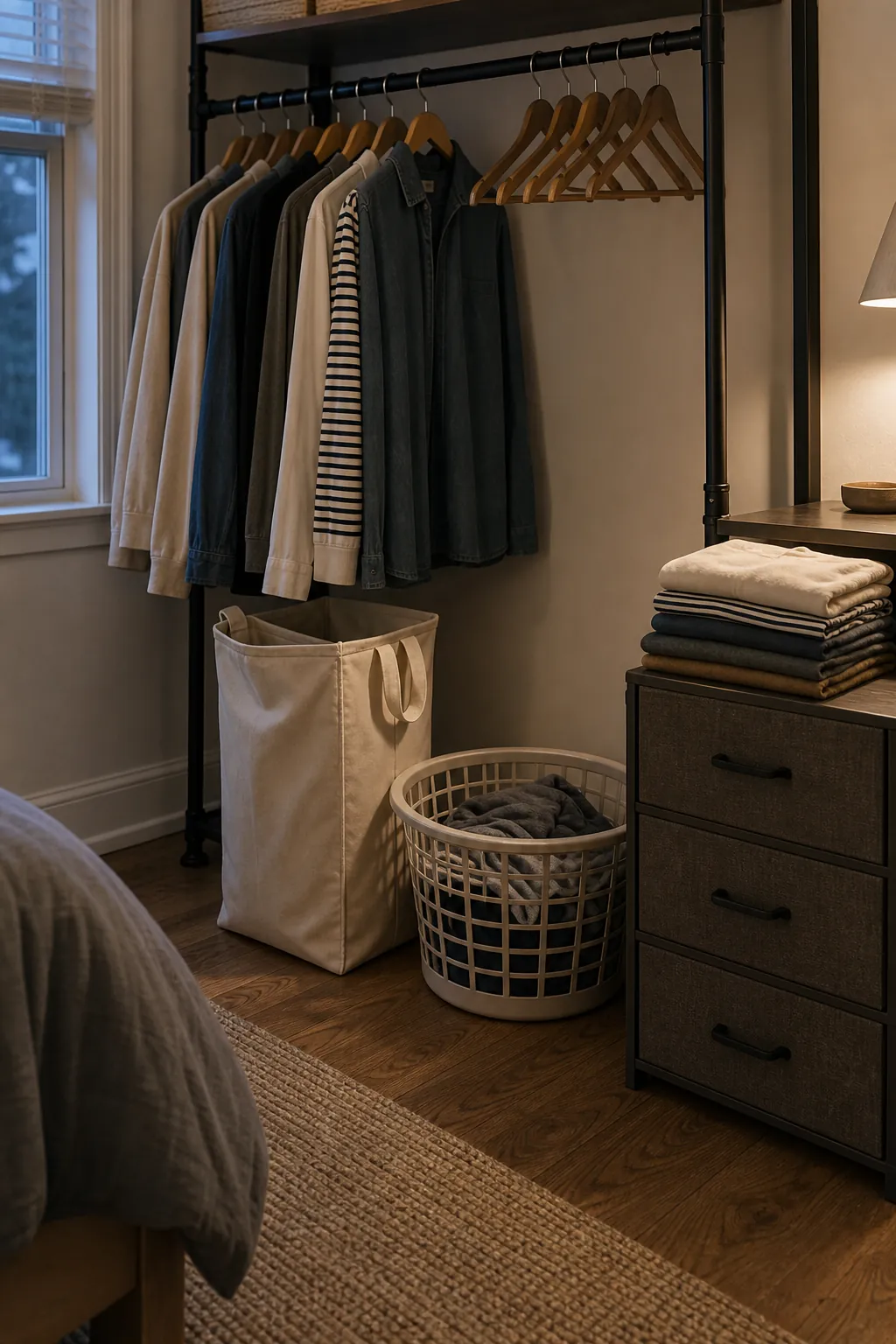 Laundry return path beside a small bedroom wardrobe setup