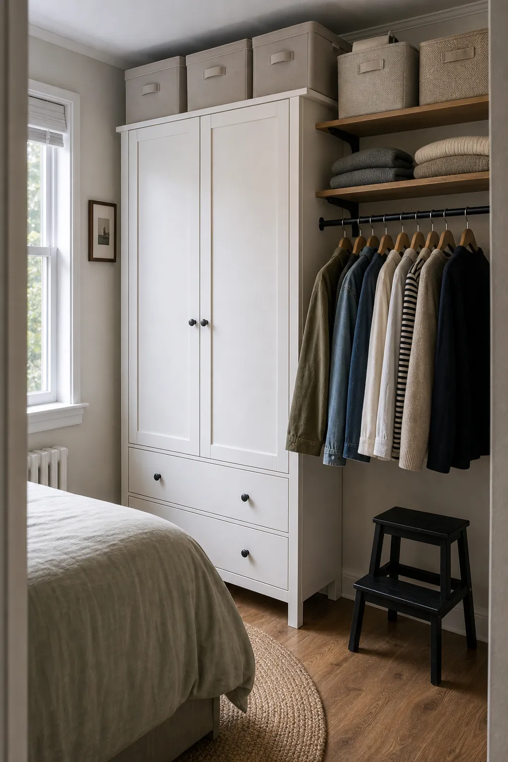 Vertical bedroom clothes storage with tall wardrobe and high bins