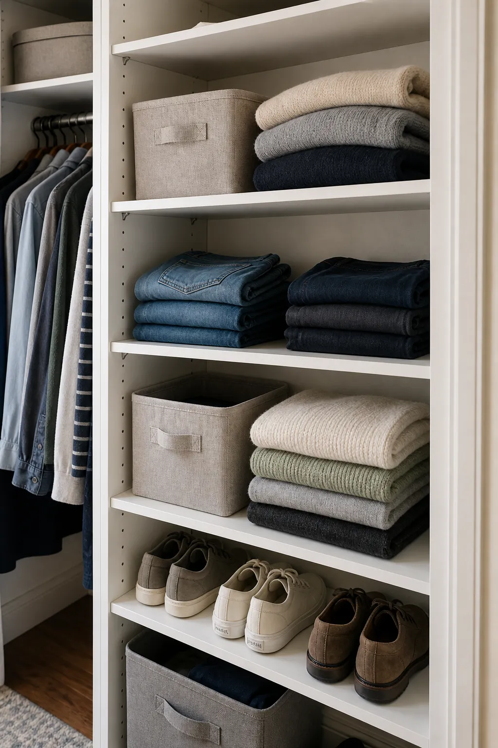 Adjustable closet shelves for folded clothes shoes and storage bins