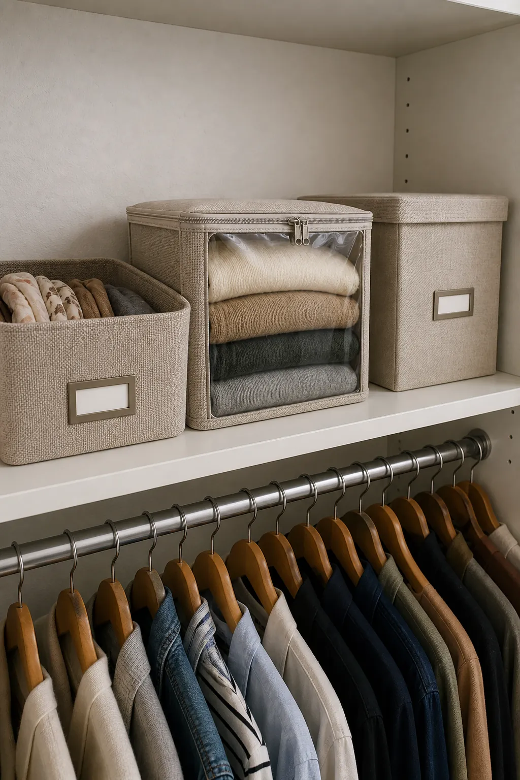 Closet storage bins sized to fit shelves without crowding hanging space