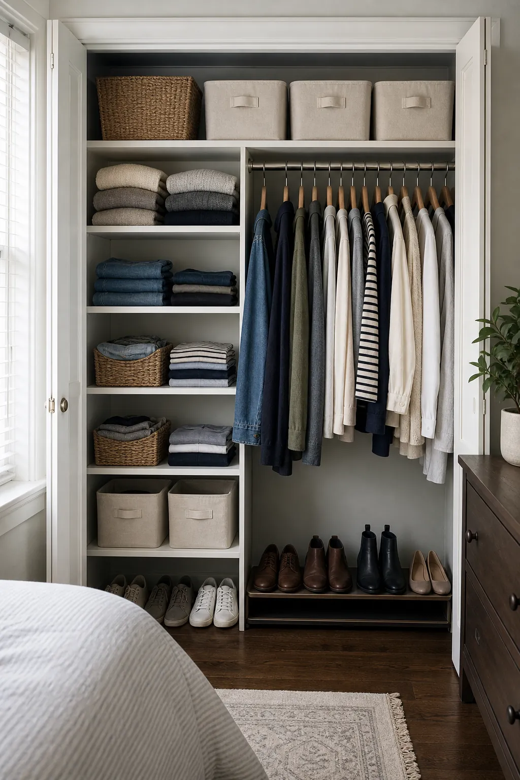 Small closet with shelves bins and hanging space organized together