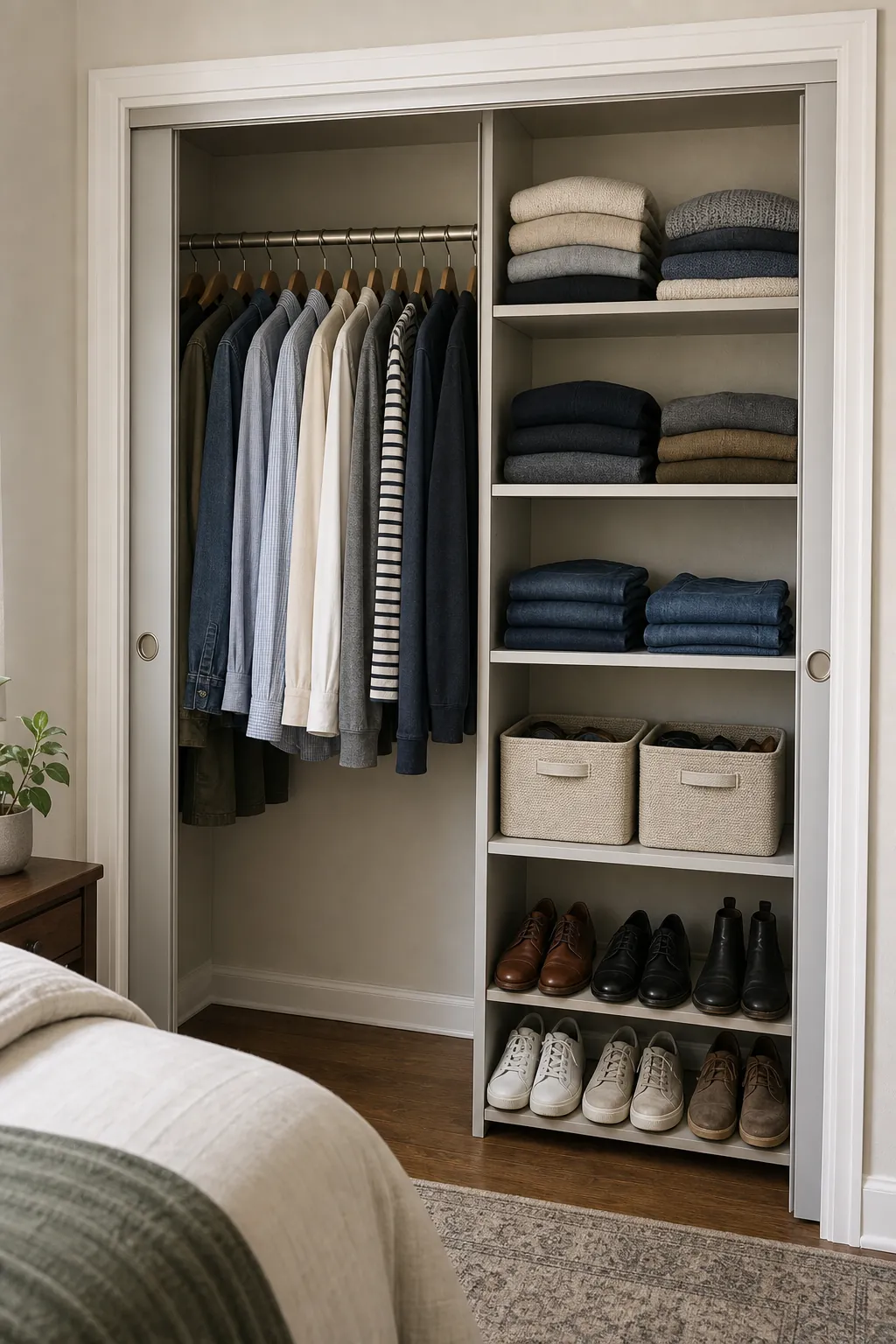 Small closet organized by hanging clothes folded clothes and bins