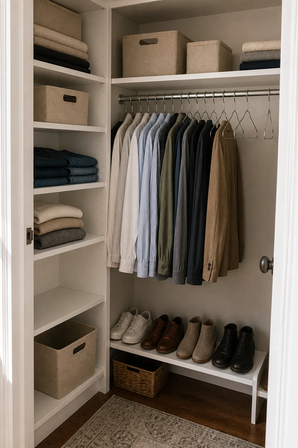 Small closet with shelves bins hanging space and one empty reset spot