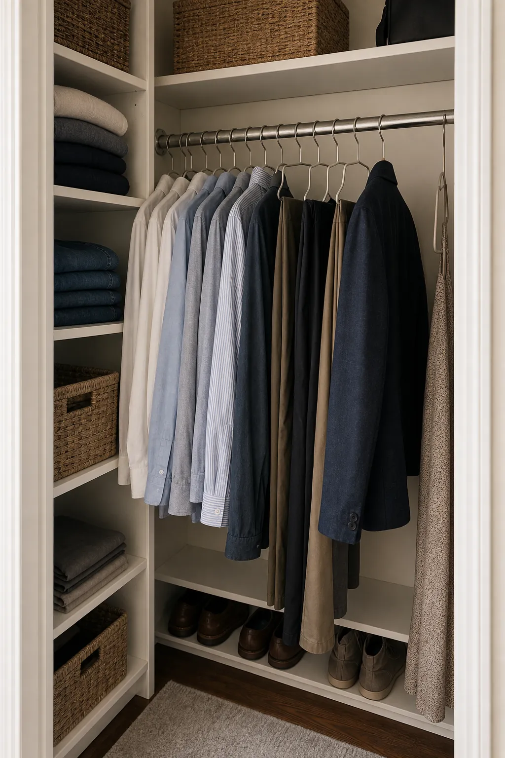 Small closet with protected hanging space and shelves around it