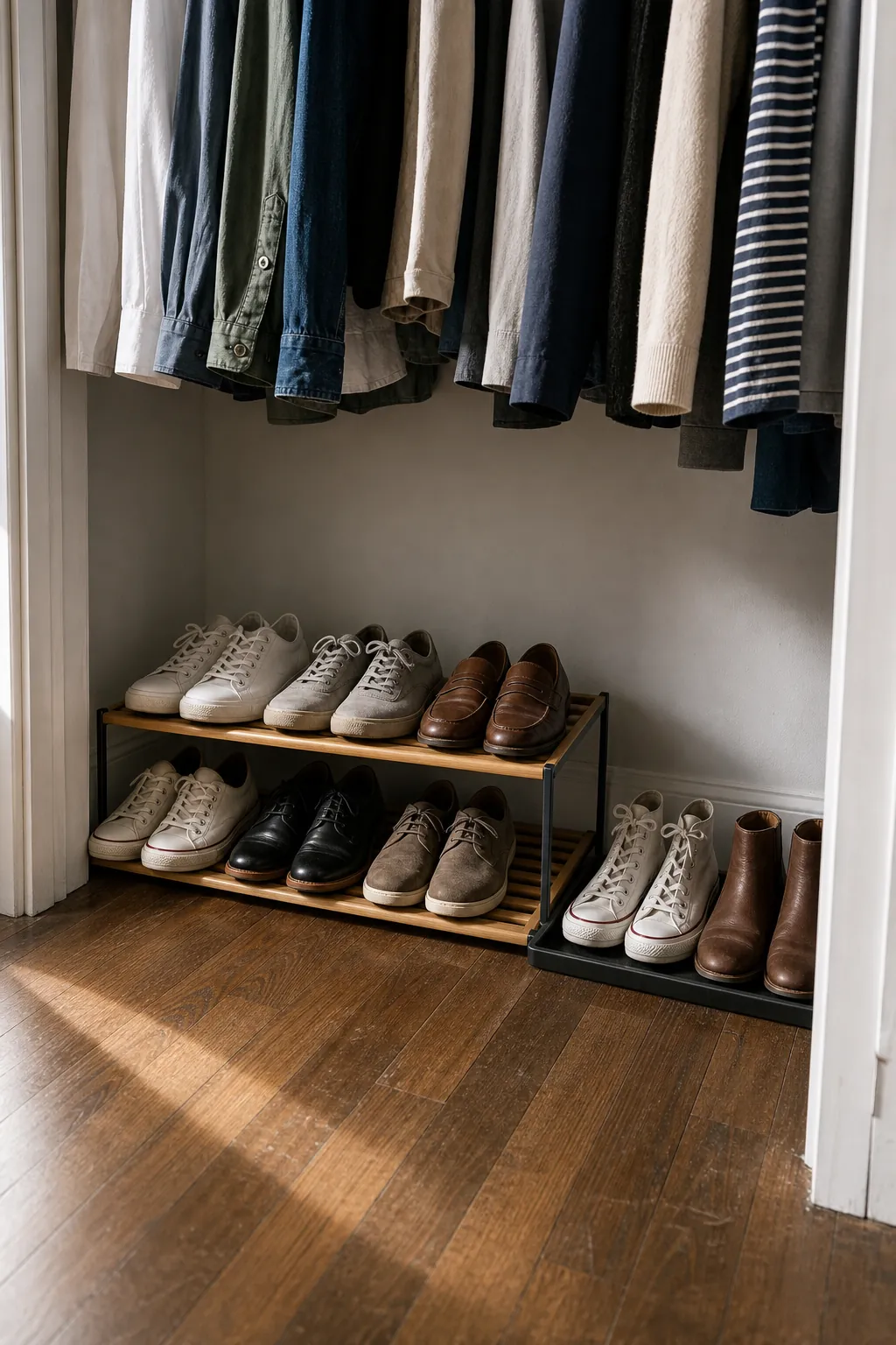 Small closet floor used for neat shoe storage instead of overflow