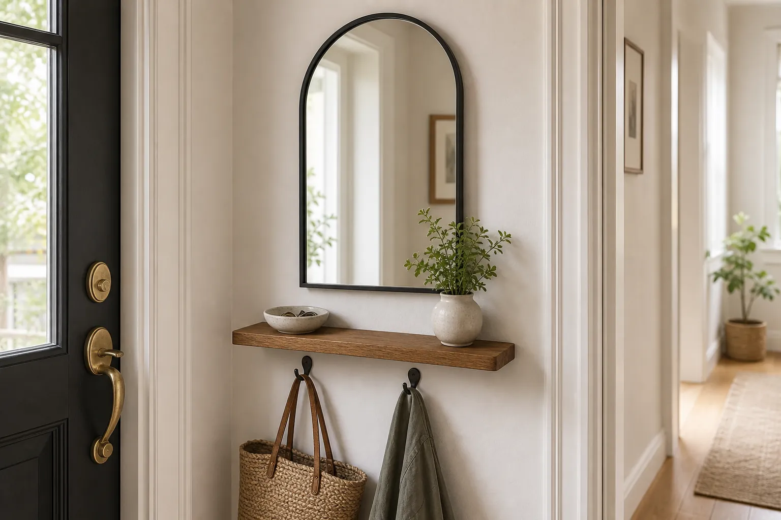 Arched mirror with a floating shelf and key tray in a very small entryway
