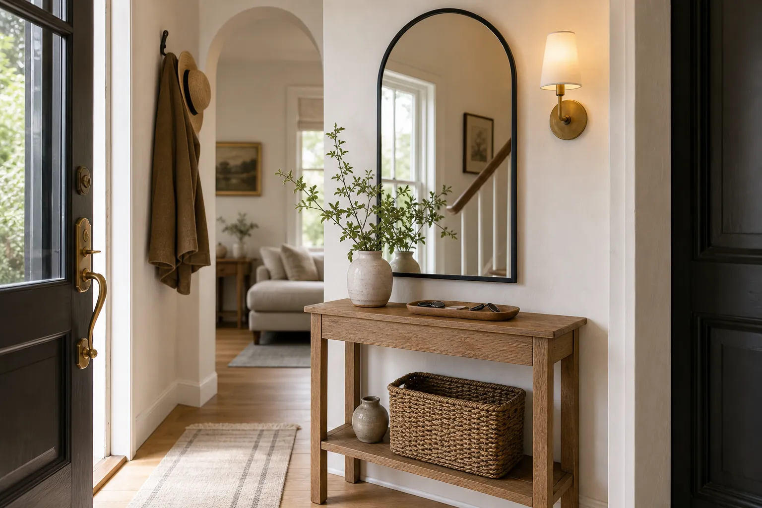 Small entryway styled with an arched mirror, slim console table, warm wall light, and simple foyer decor