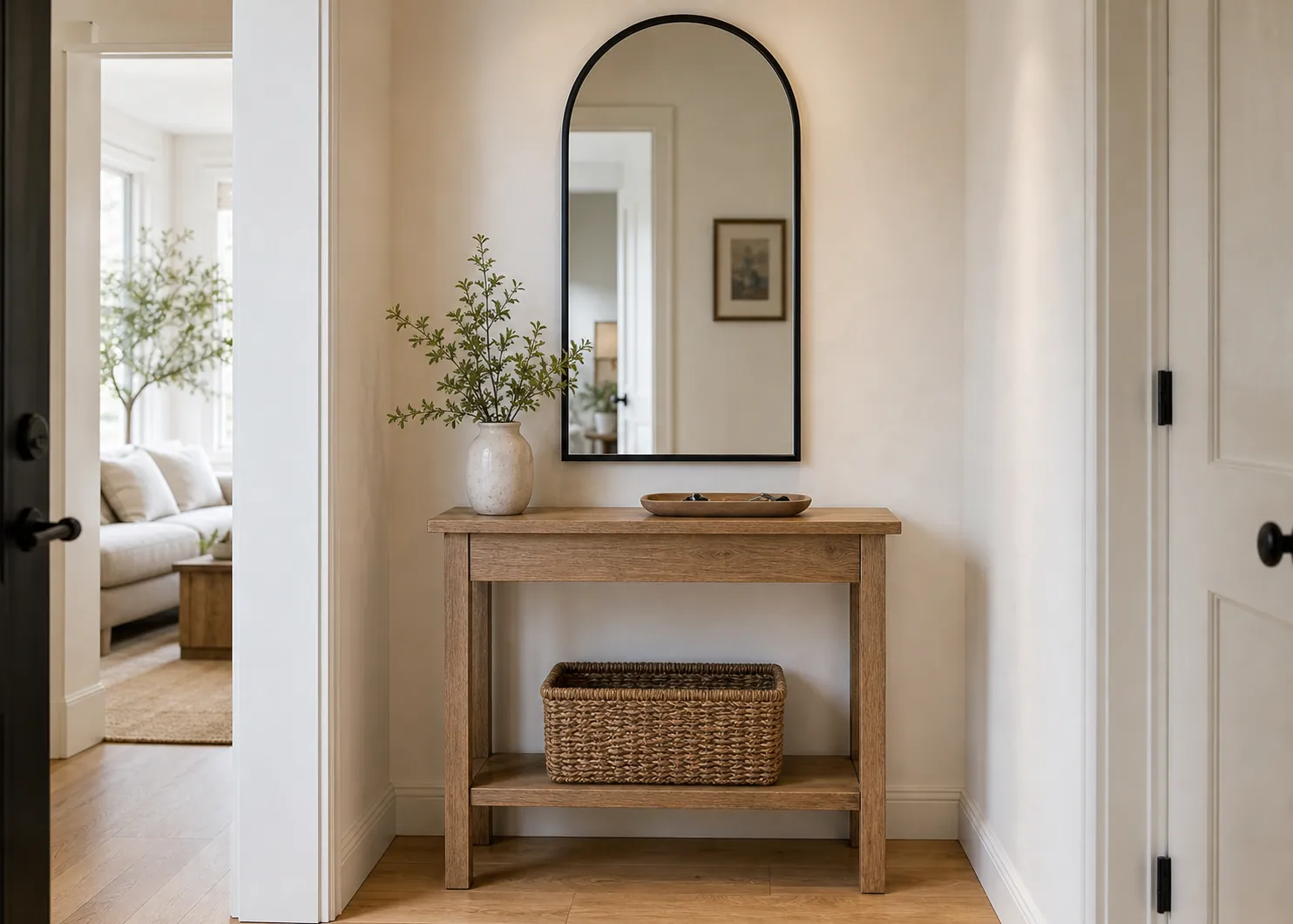 Arched mirror centered over a slim console table in a narrow small entryway