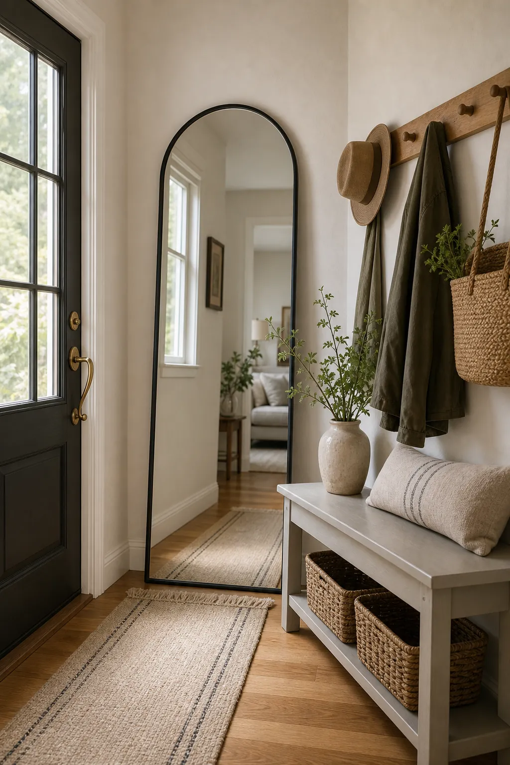 Full length arched mirror leaning beside a narrow entryway bench