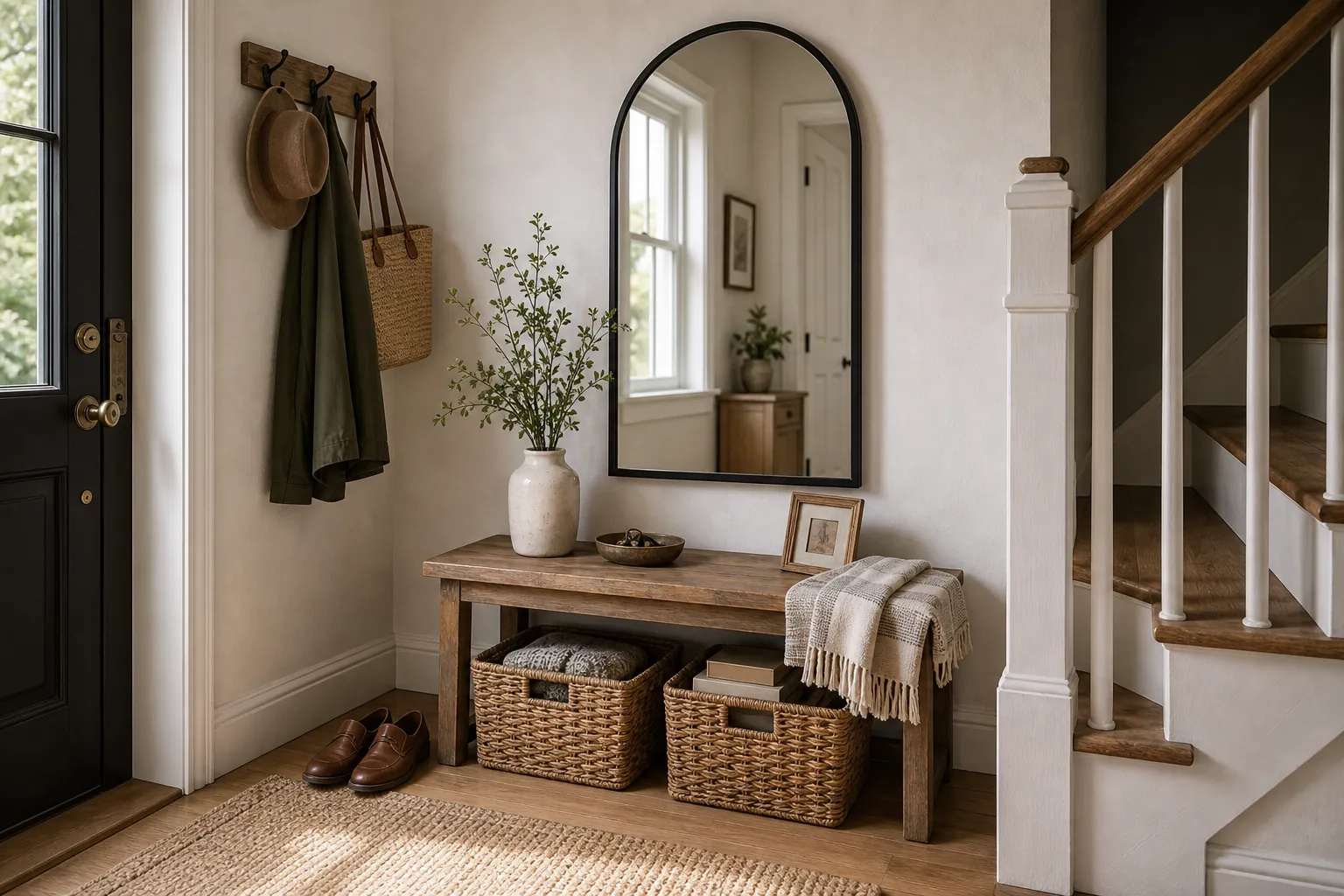 Small entryway bench with an arched mirror, baskets, and organized shoe storage